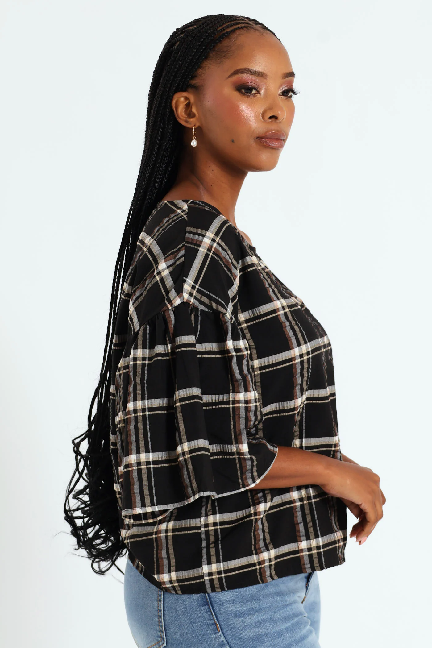 Oversized Frill Sleeve Boxy Top - Black/Beige - Image 3