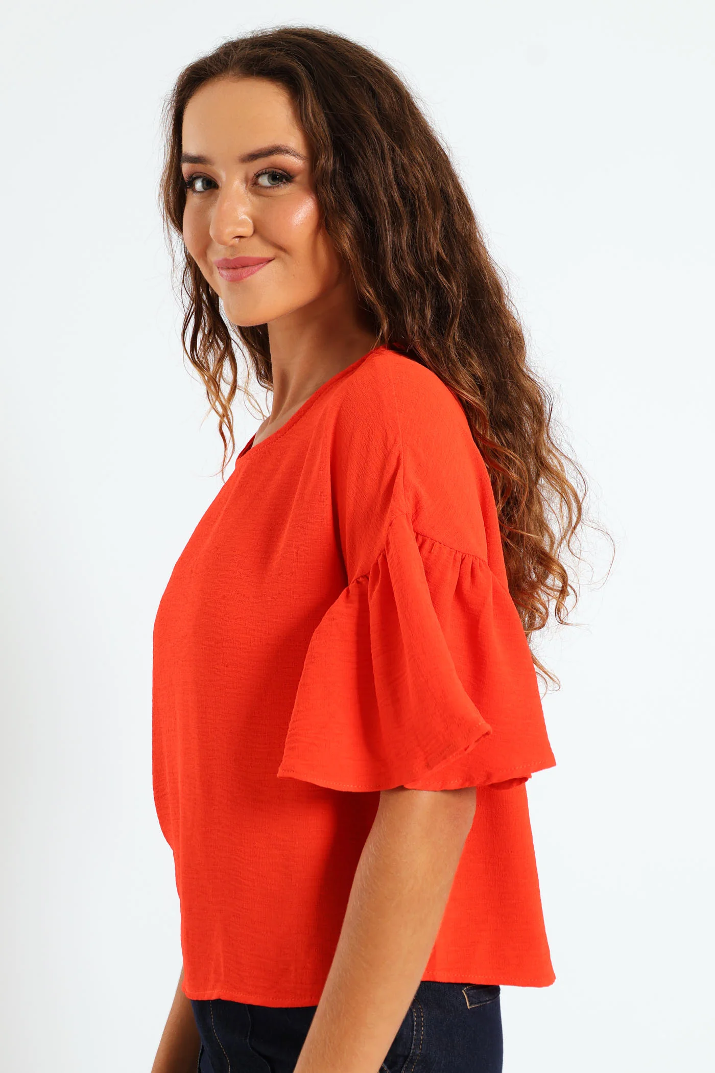 Oversized Frill Sleeve Boxy Top - Bright Orange - Image 2