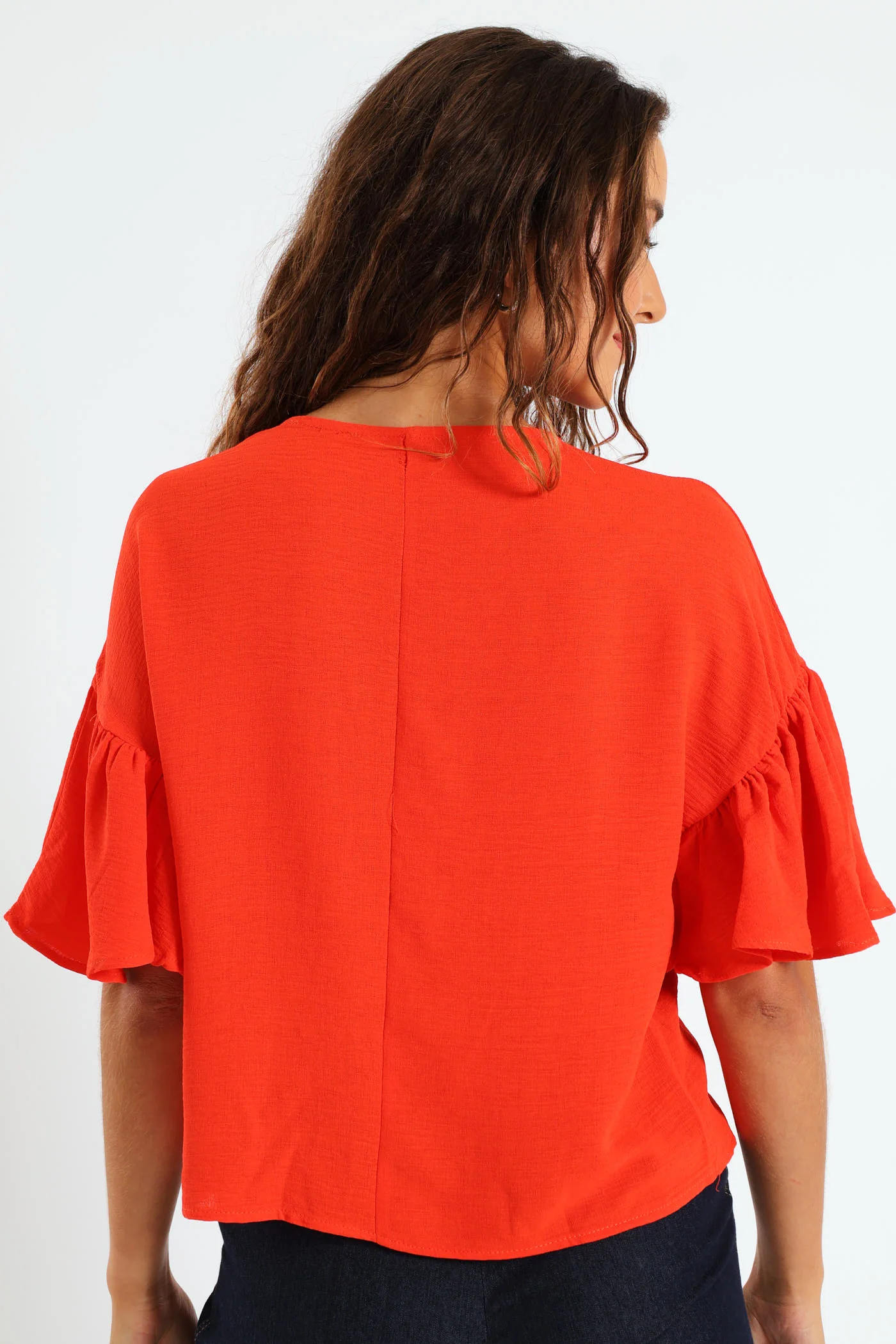 Oversized Frill Sleeve Boxy Top - Bright Orange - Image 3