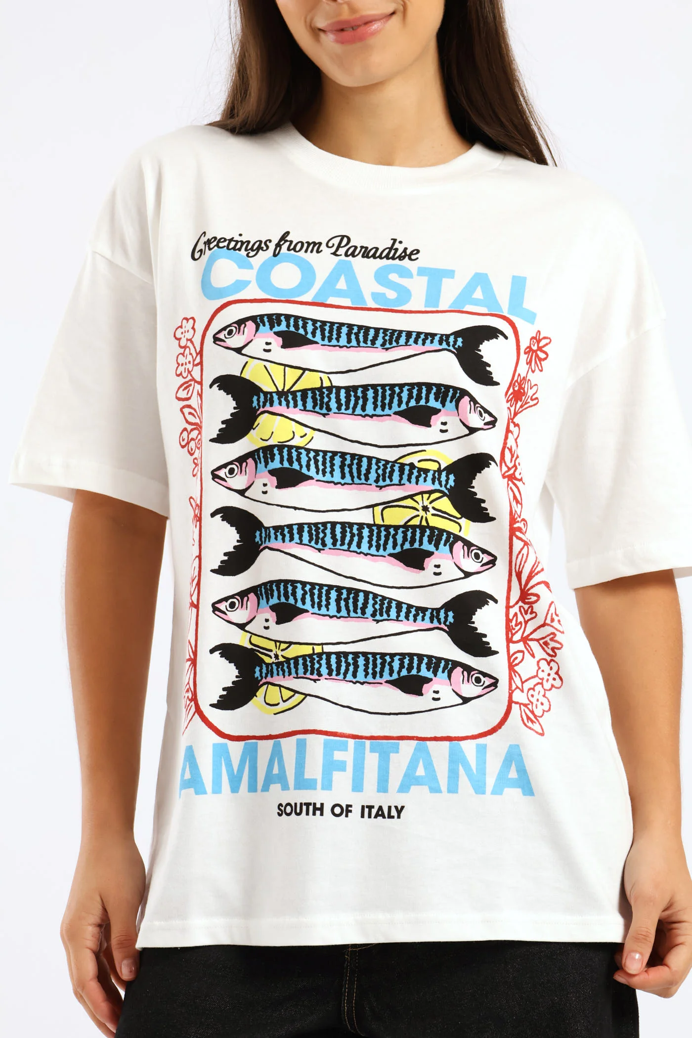 Oversized Sardine Printed Tee - White - Image 2