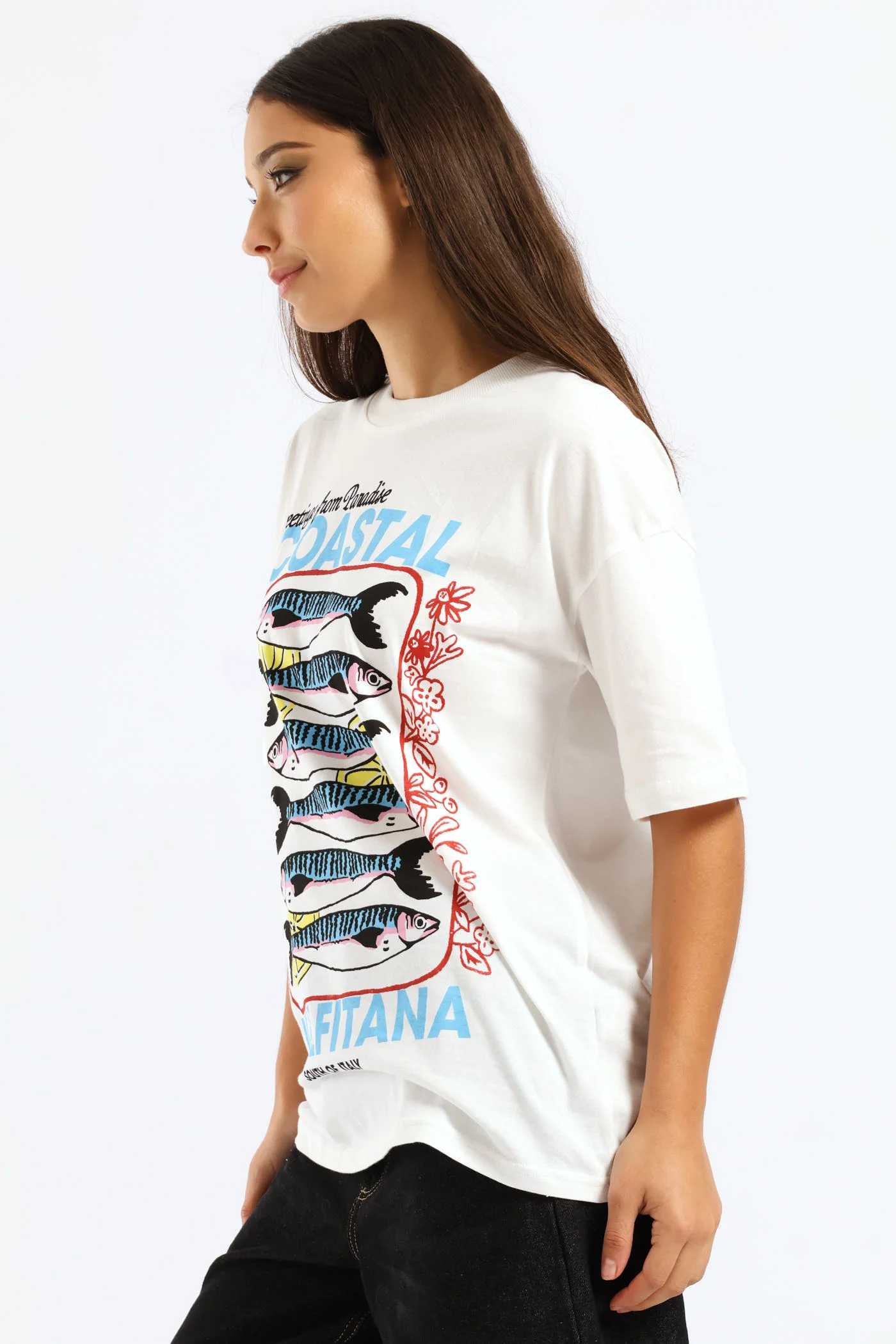 Oversized Sardine Printed Tee - White - Image 4
