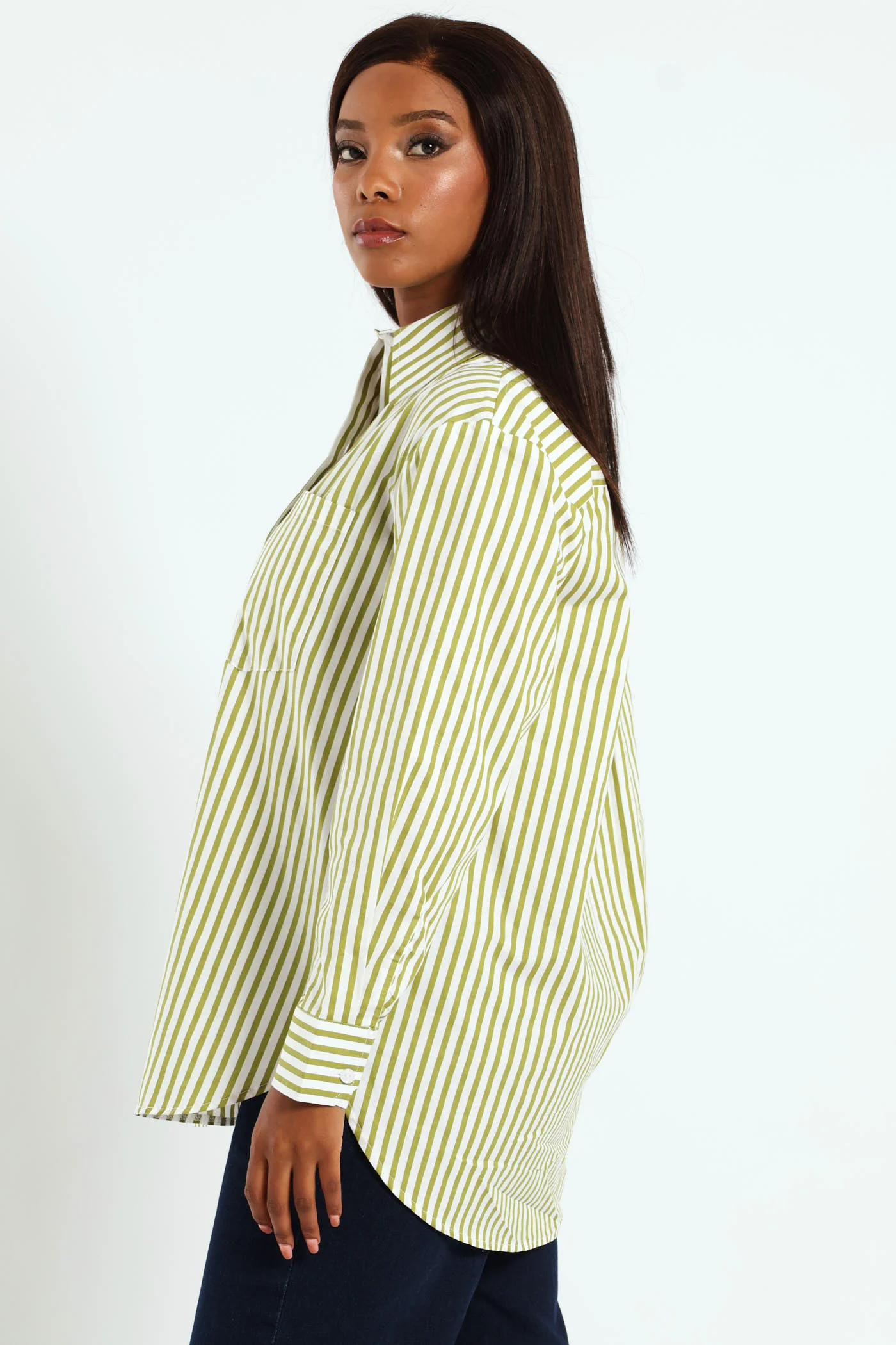 Oversized Stripe Poplin Shirt - Chartreuse/White - Image 2