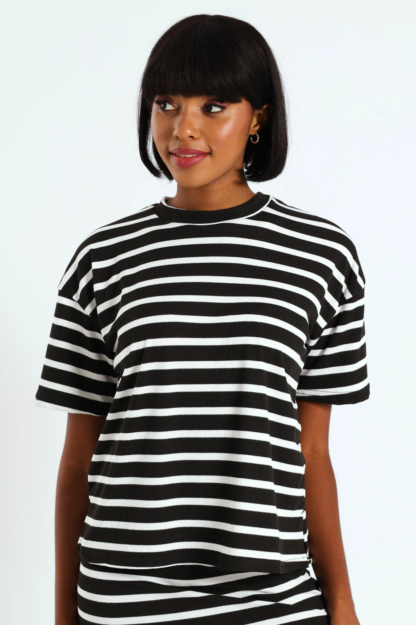 Oversized Striped Rib Boxy Tee - Black/Cream - Image 3