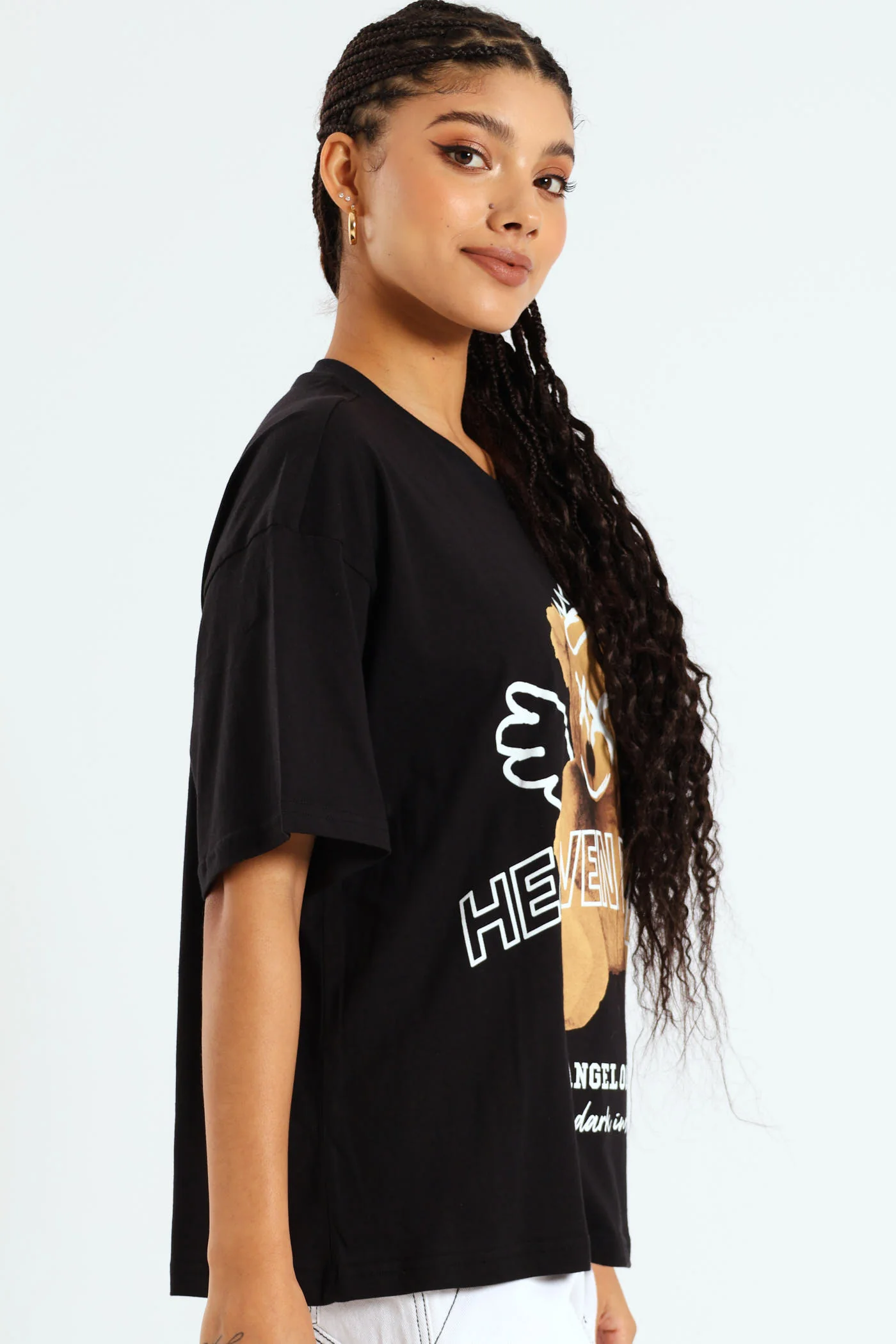 Oversized Printed Teddy Tee - Black - Image 3