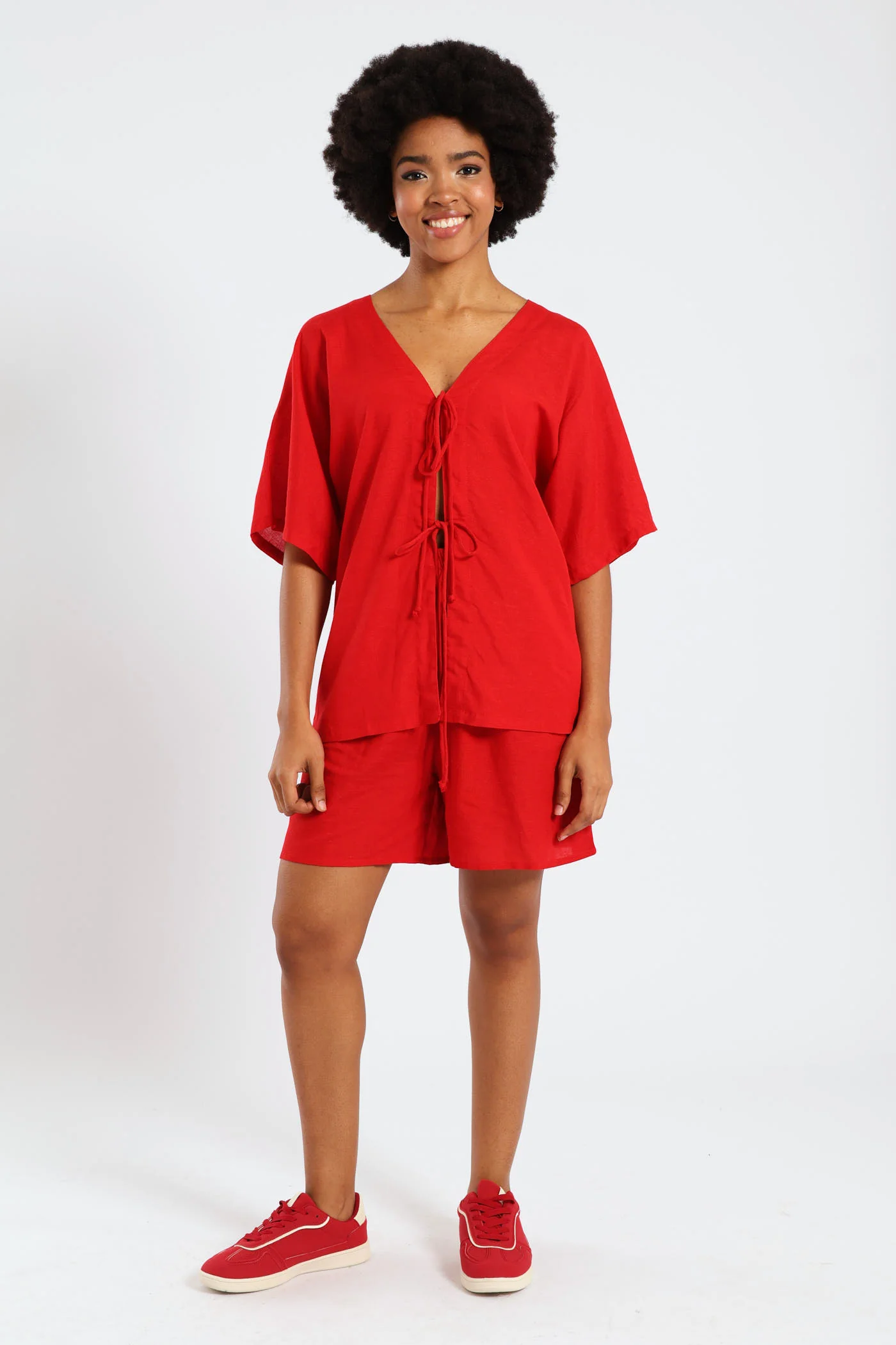 Oversized Tie Front Shirt - Red - Image 2