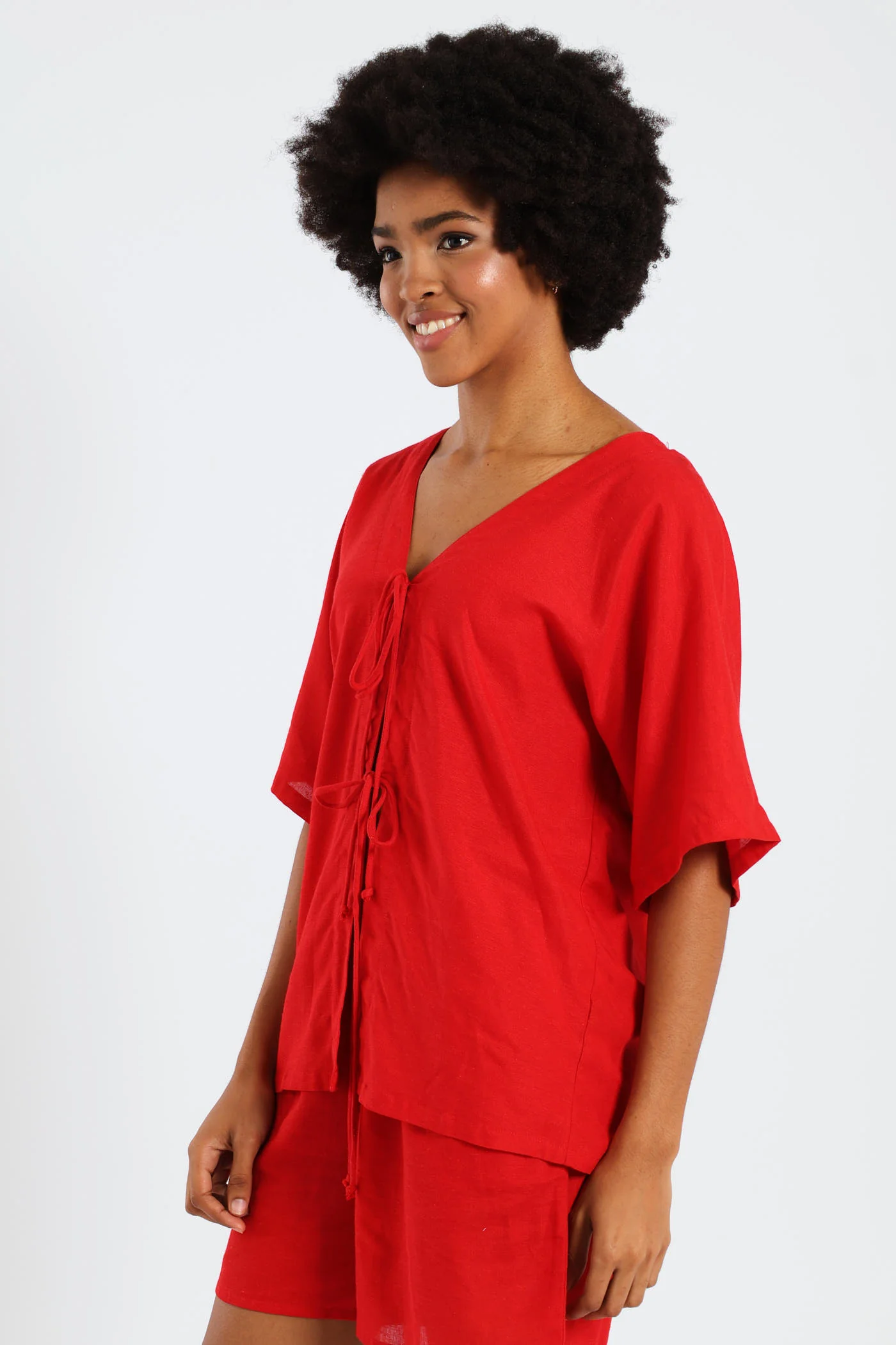 Oversized Tie Front Shirt - Red - Image 3