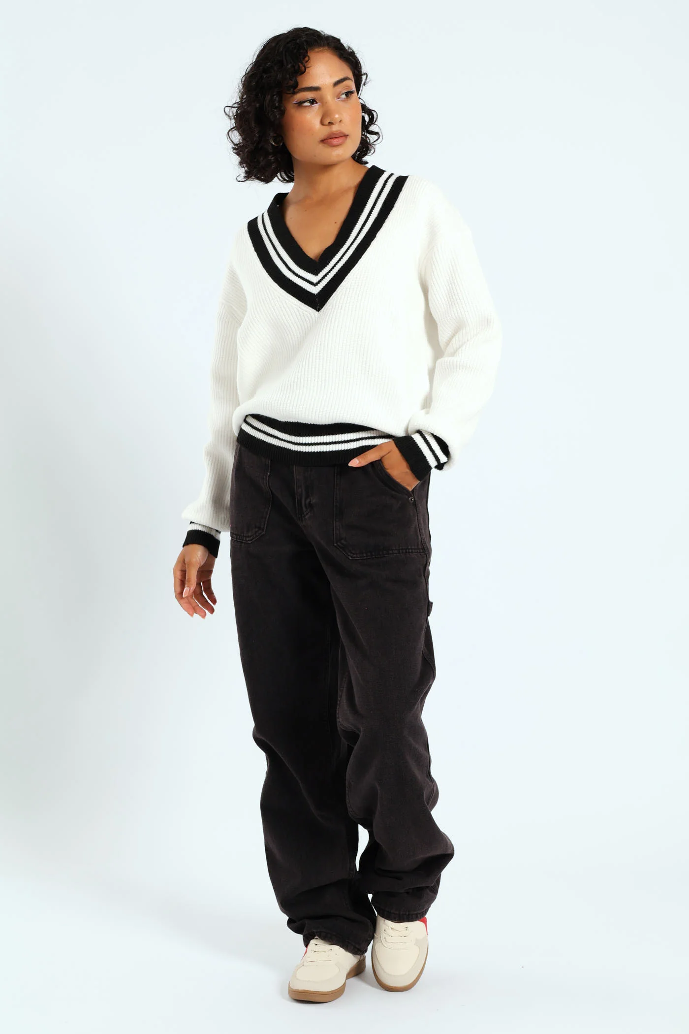 Oversized Tipped V-Neck Pullover - Cream - Image 5