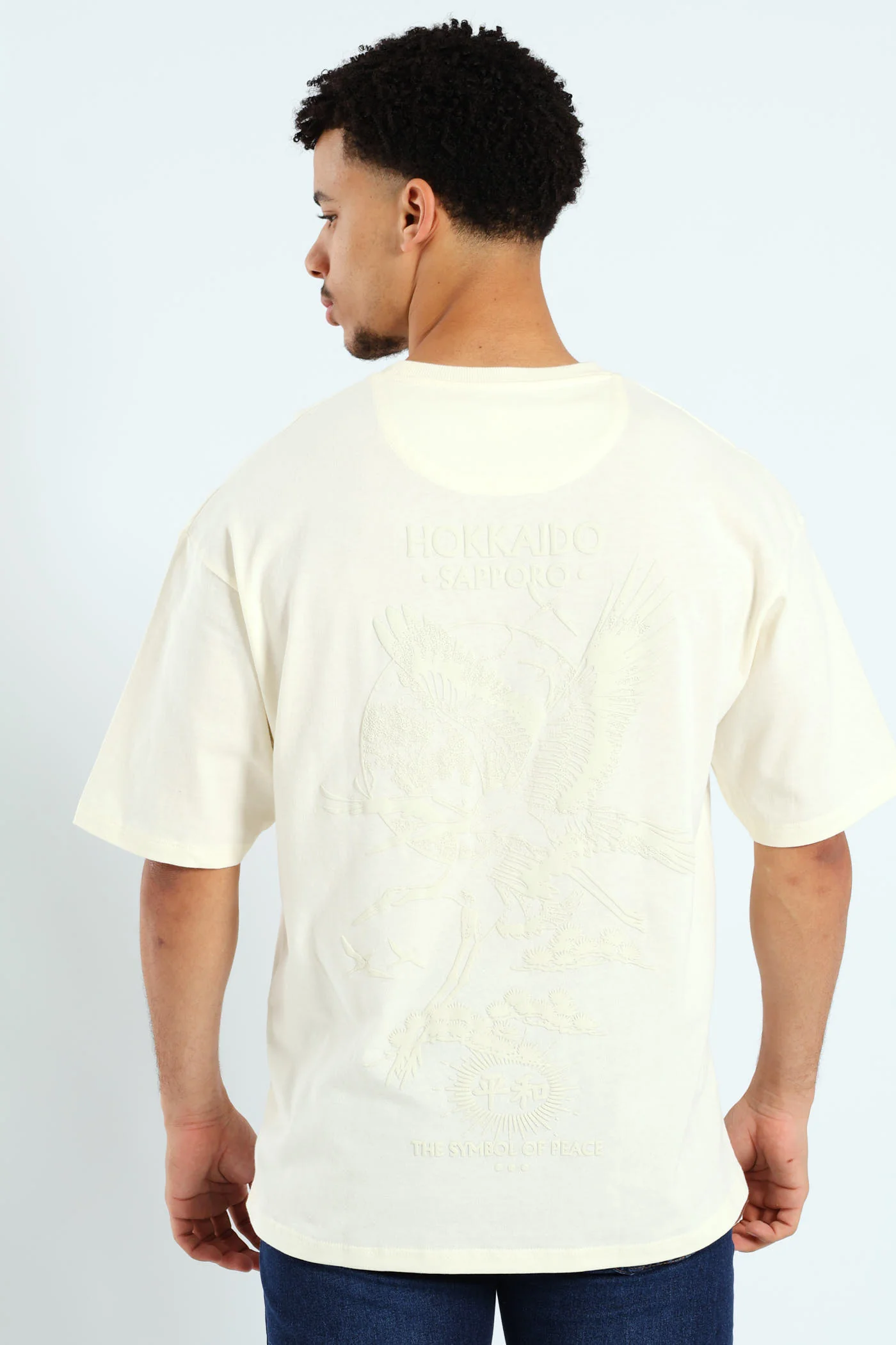 Oversized Tonal Eagle Front & Back Print Tee - Ecru - Image 4
