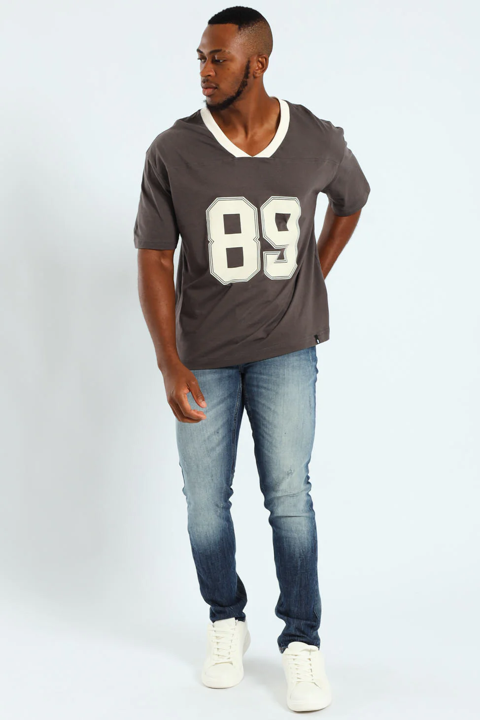 Oversized V-Neck Number Tee - Dark Grey - Image 4