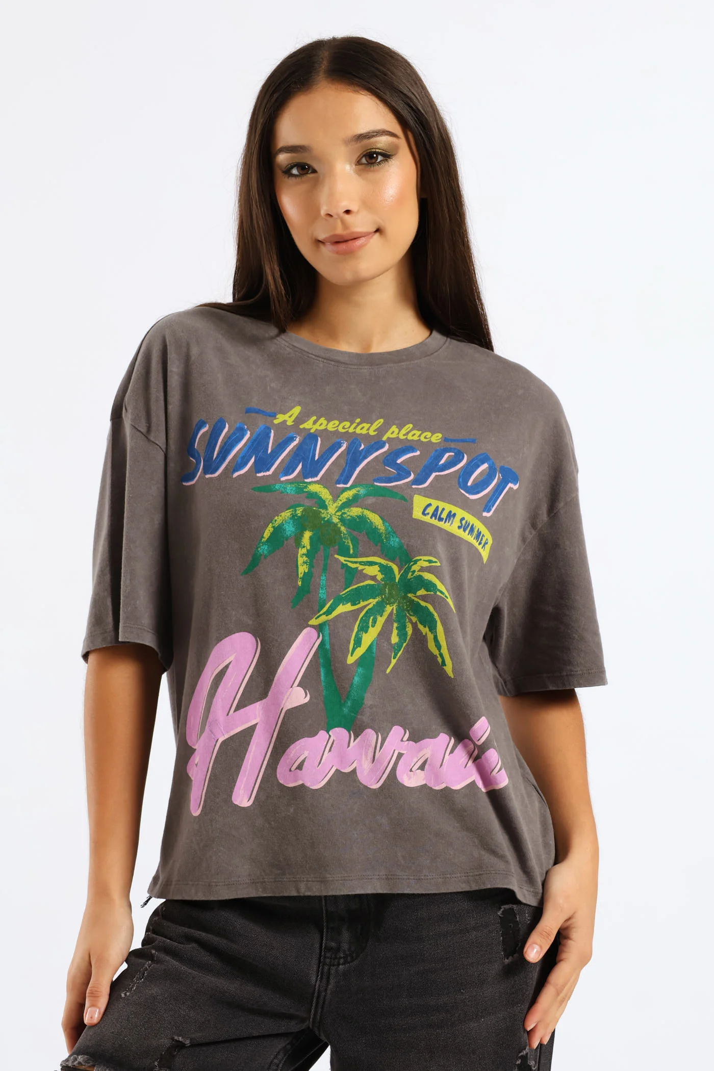 Oversized Washed Tropical Tee - Charcoal - Image 2