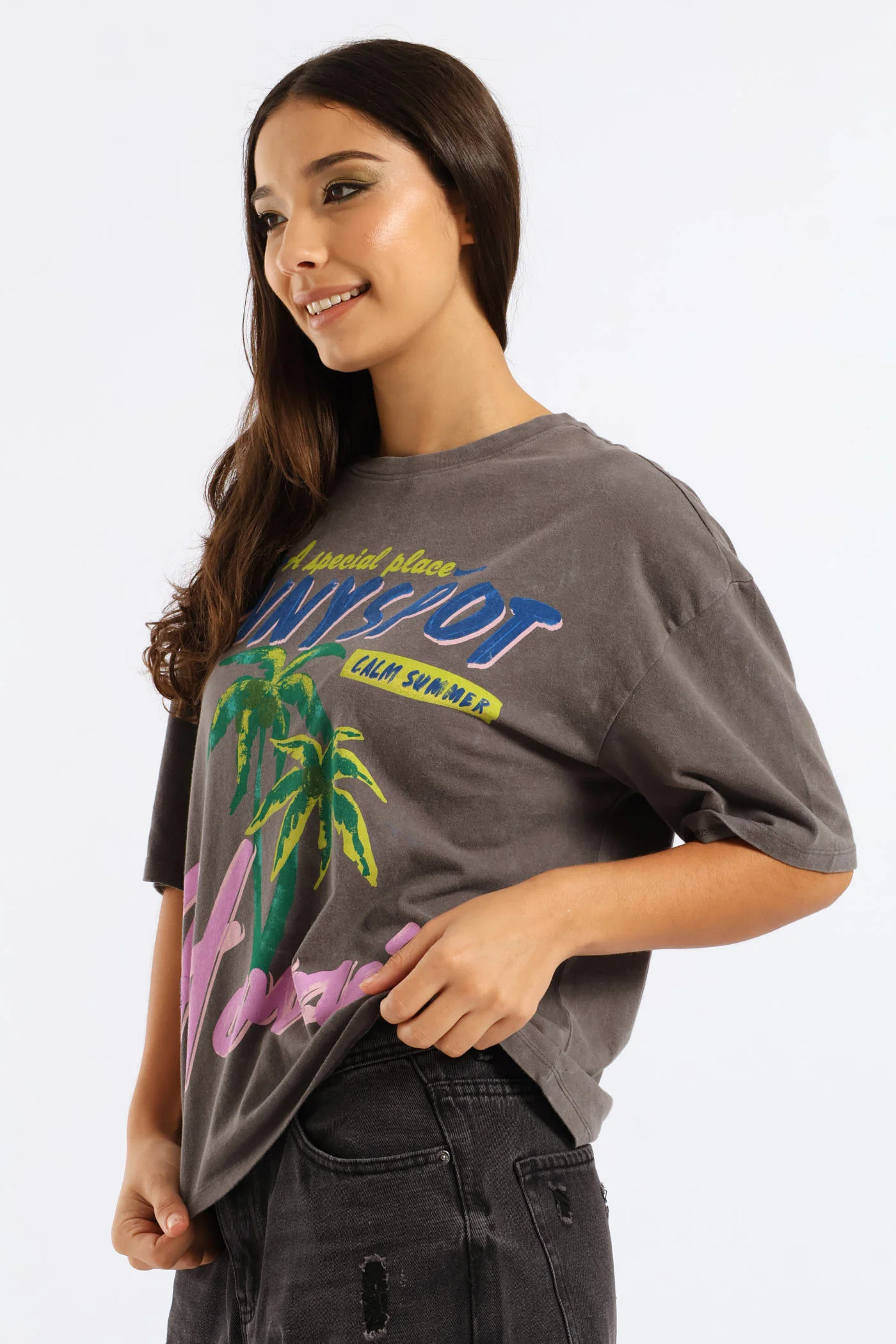 Oversized Washed Tropical Tee - Charcoal - Image 3