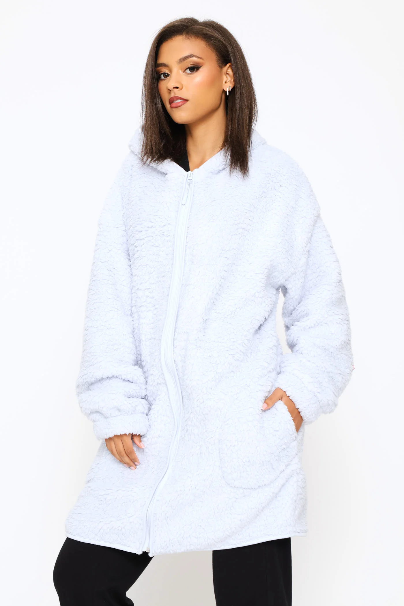 Oversized Zip Through Sherpa Gown - Light Blue - Image 3