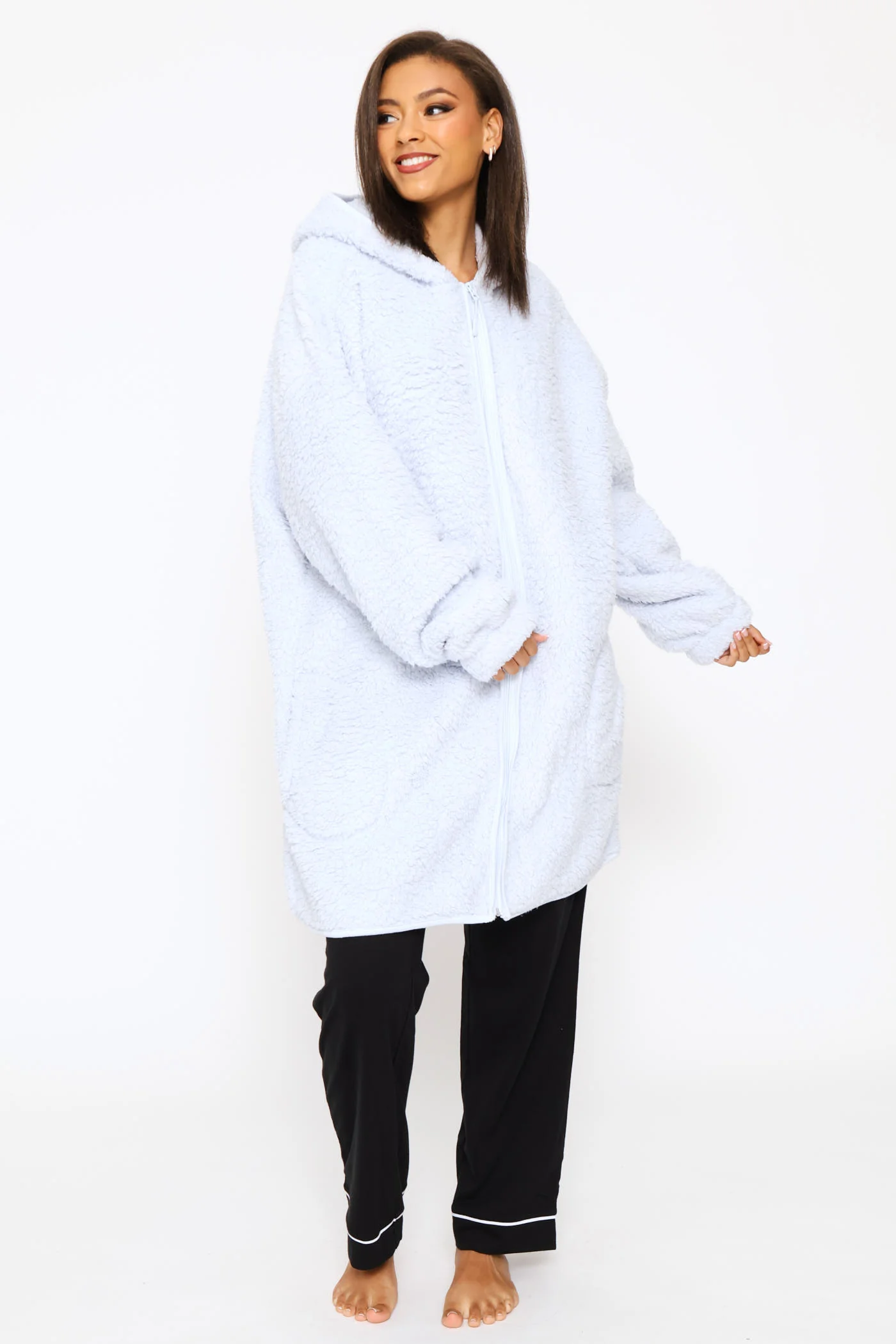 Oversized Zip Through Sherpa Gown - Light Blue - Image 5
