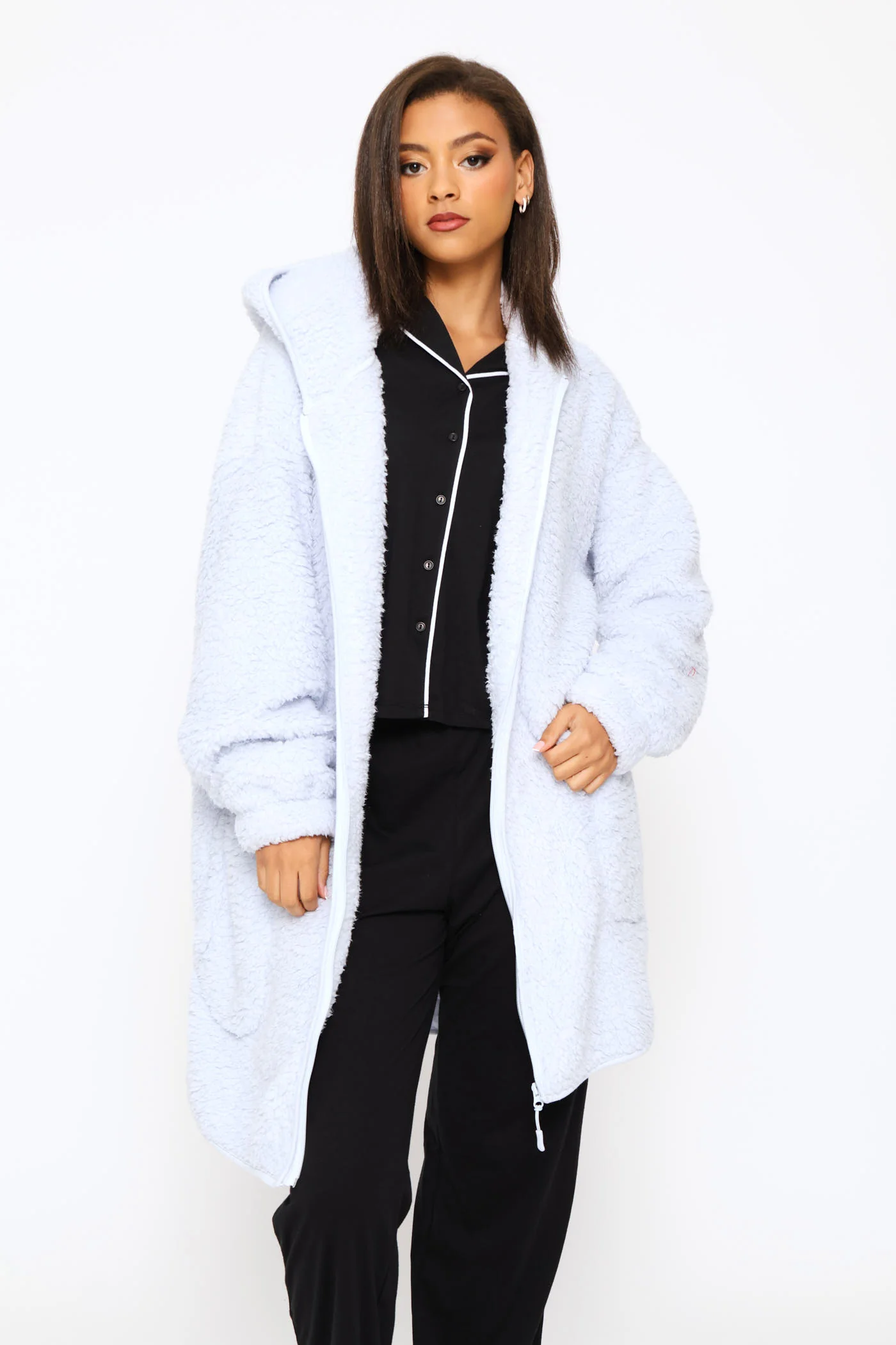 Oversized Zip Through Sherpa Gown - Light Blue - Image 7