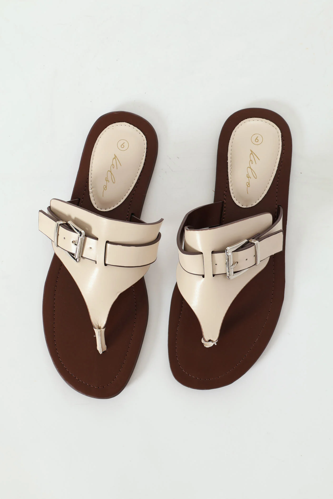 Padded Sock & Buckle Detail Thong Sandal - Off White - Image 2
