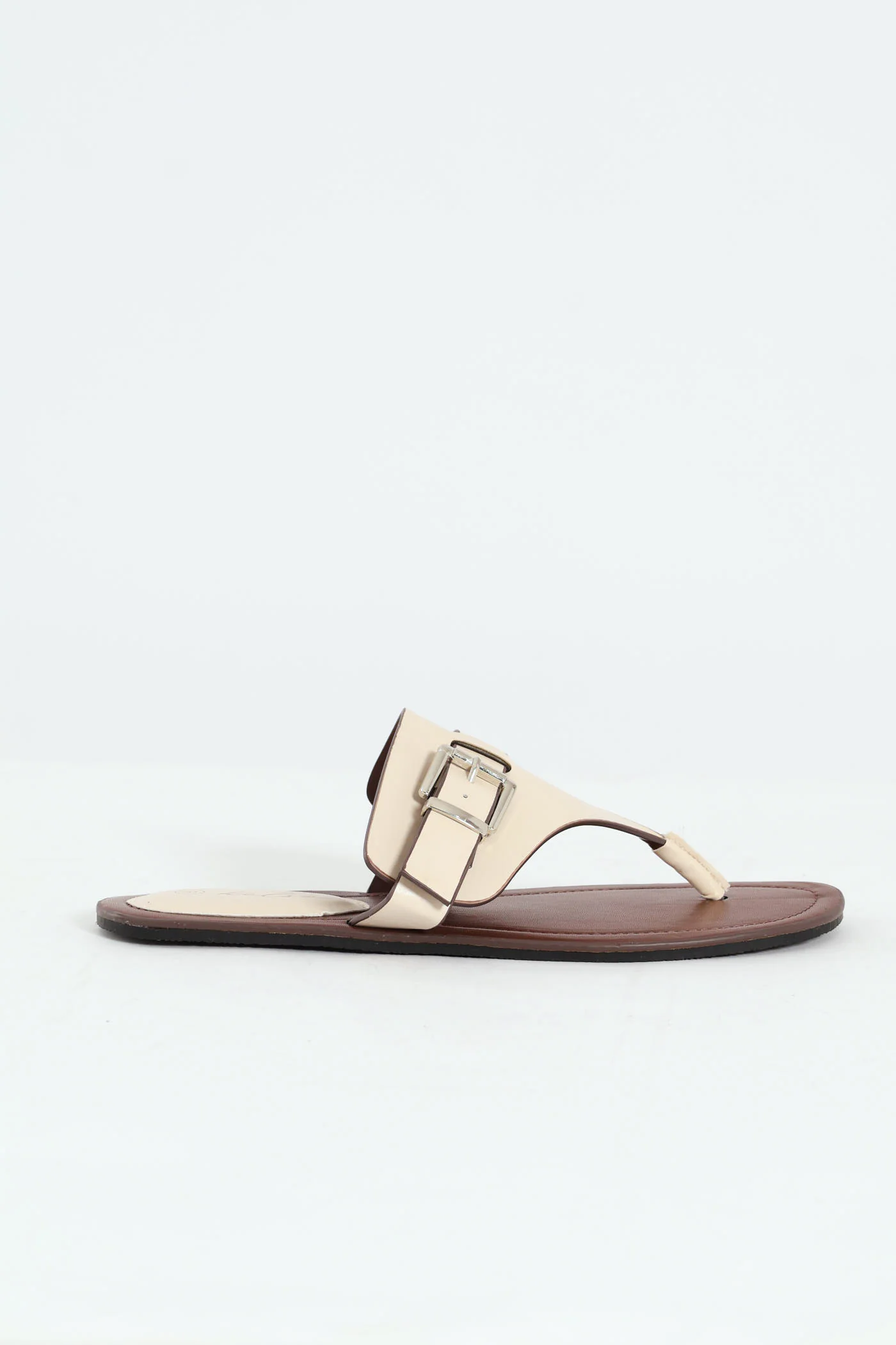 Padded Sock & Buckle Detail Thong Sandal - Off White - Image 3