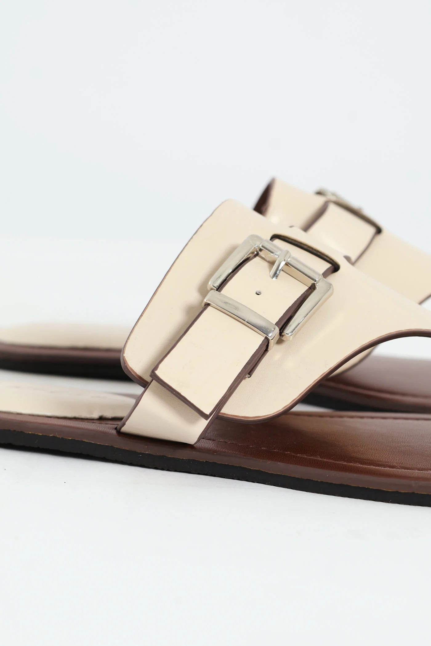 Padded Sock & Buckle Detail Thong Sandal - Off White - Image 5