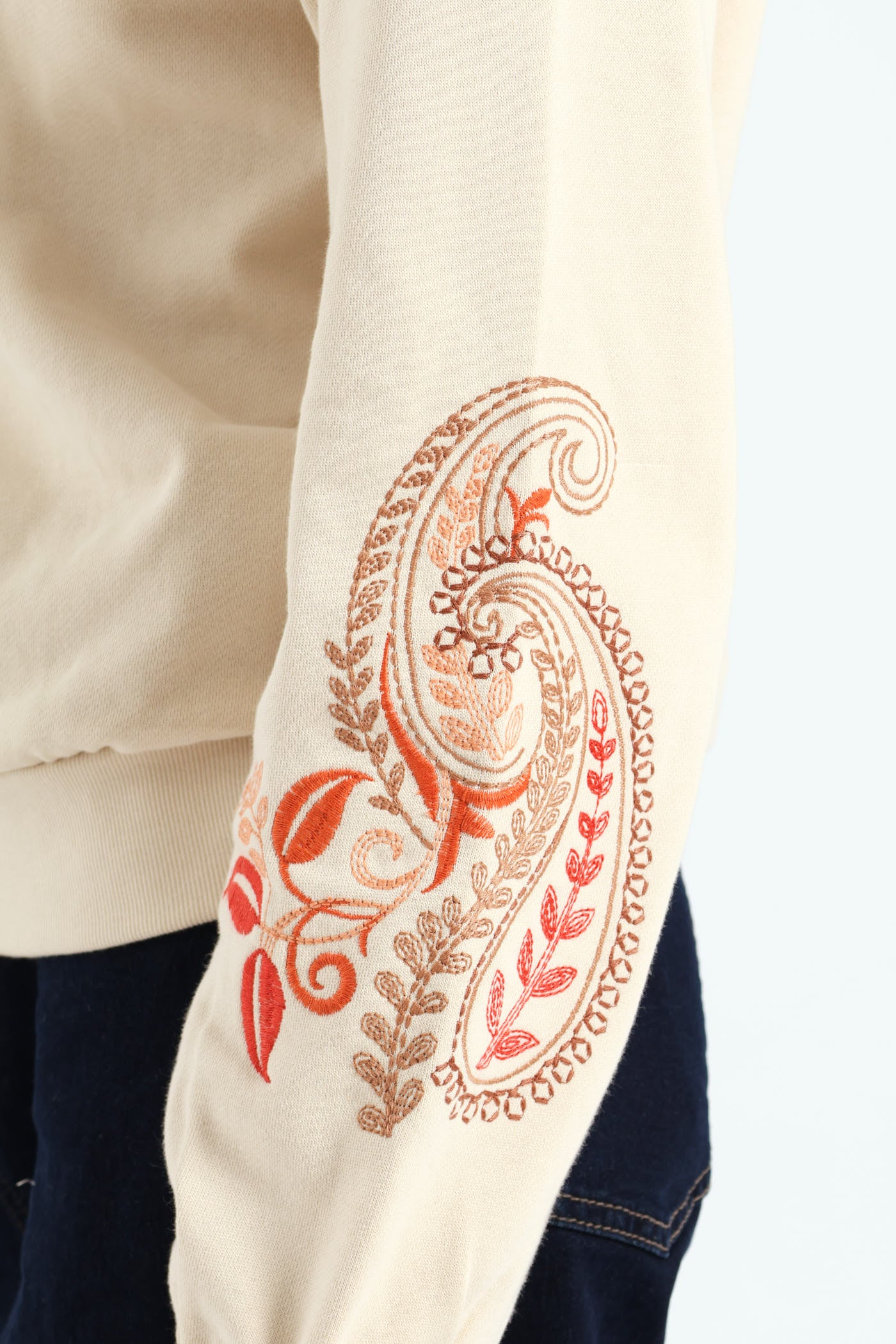 Paisley Embroidered Sleeve Pullover - Fawn - Image 2