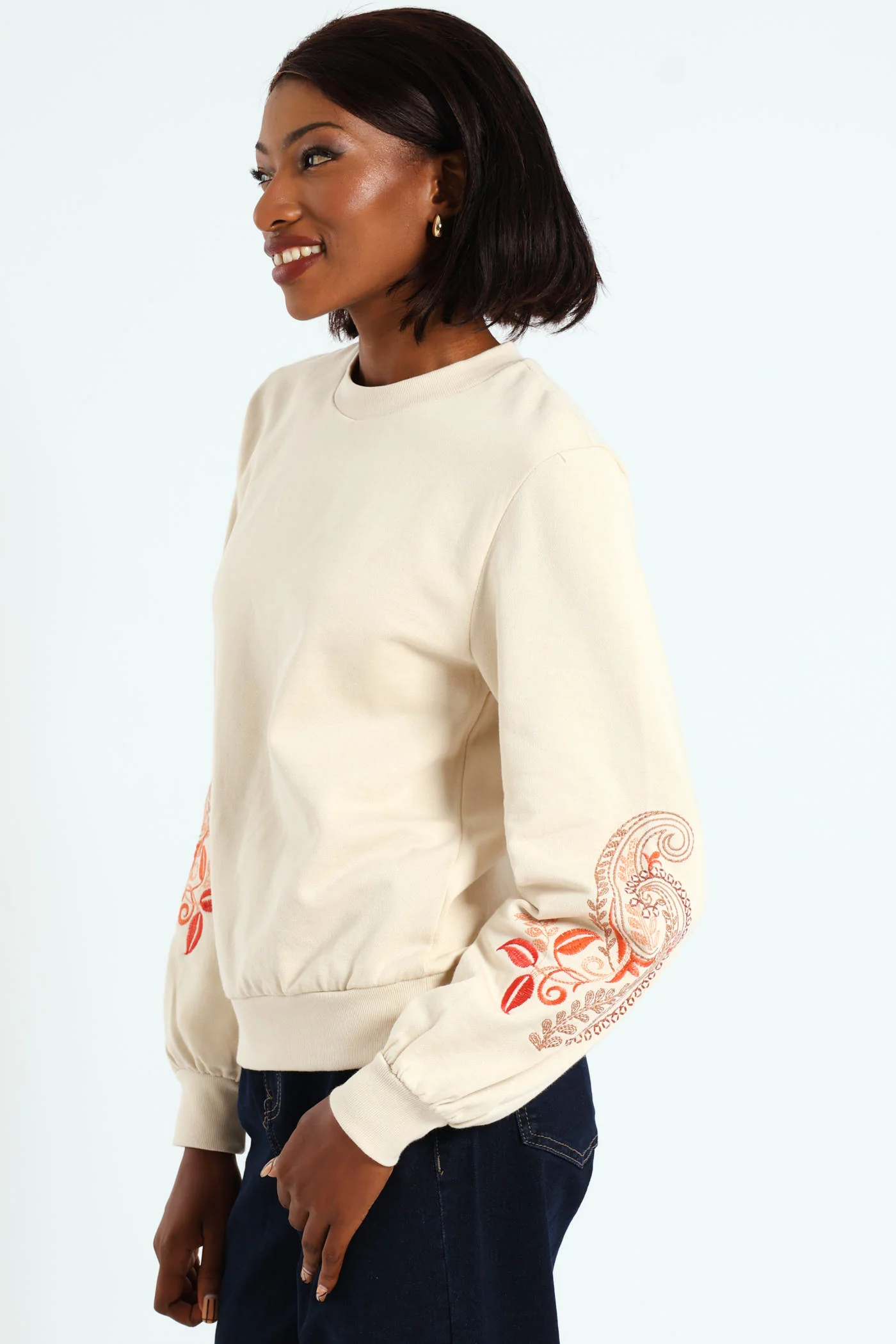 Paisley Embroidered Sleeve Pullover - Fawn - Image 3