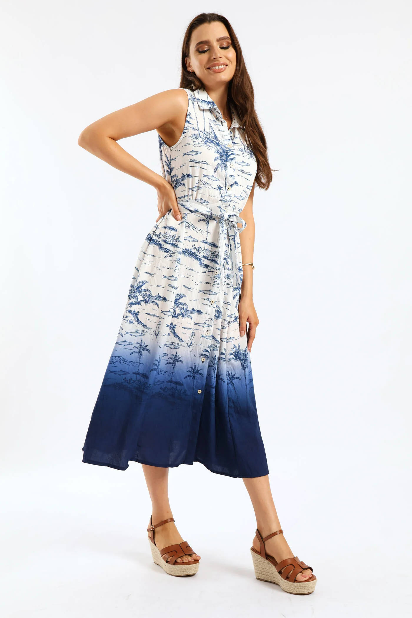 Palm Ombre Midi Shirt Dress - Navy/White - Image 3