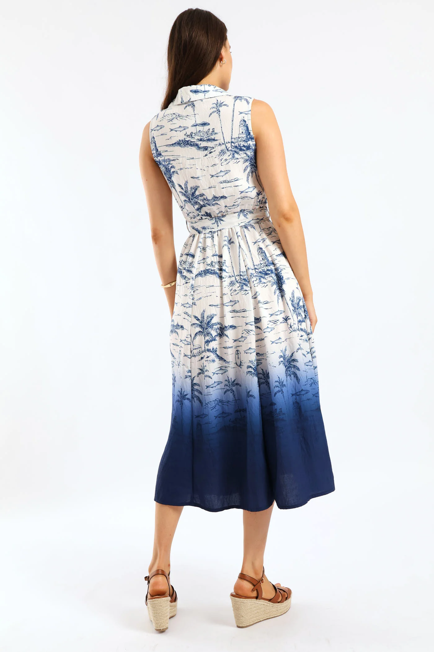 Palm Ombre Midi Shirt Dress - Navy/White - Image 4