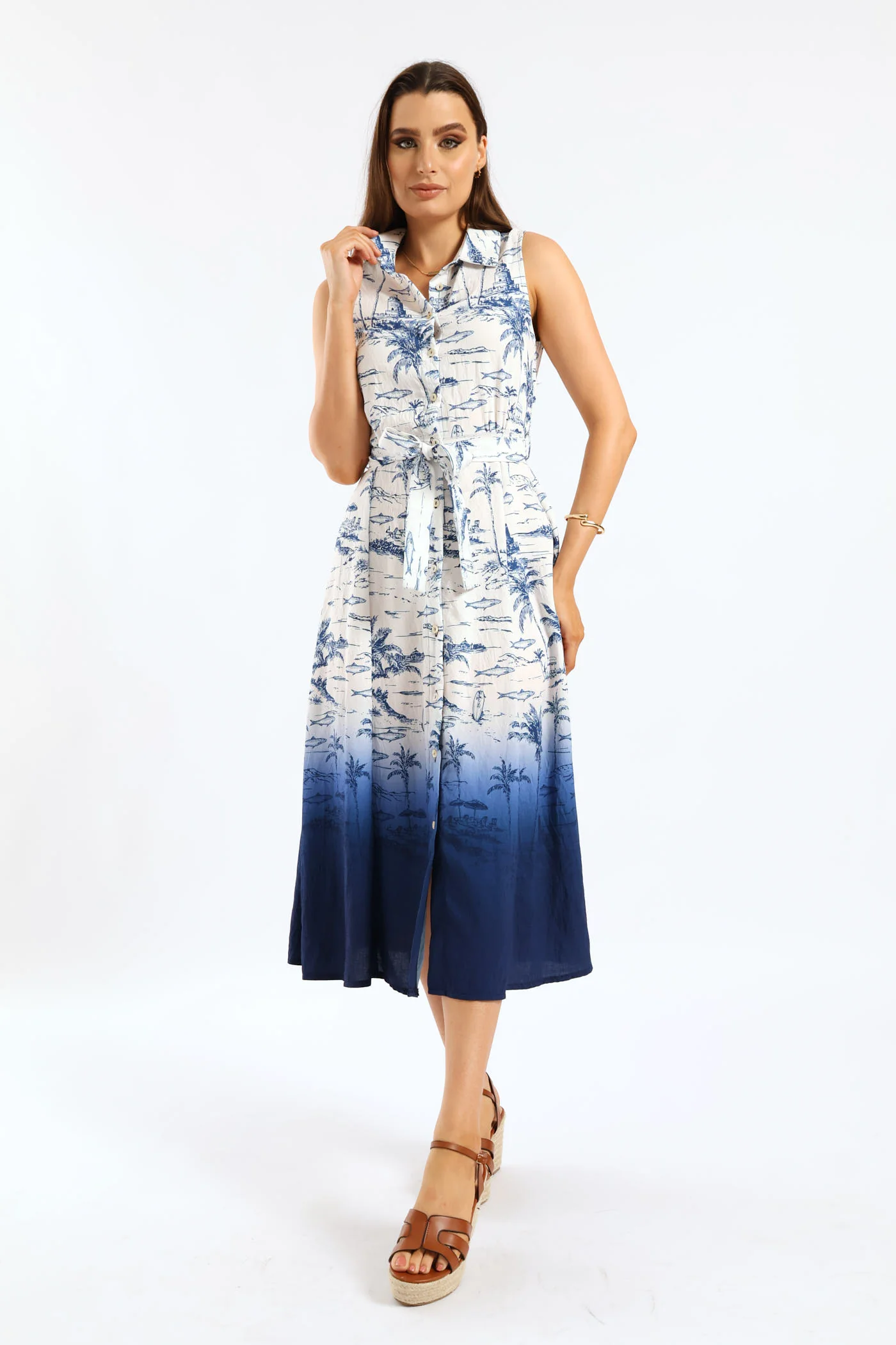 Palm Ombre Midi Shirt Dress - Navy/White - Image 5