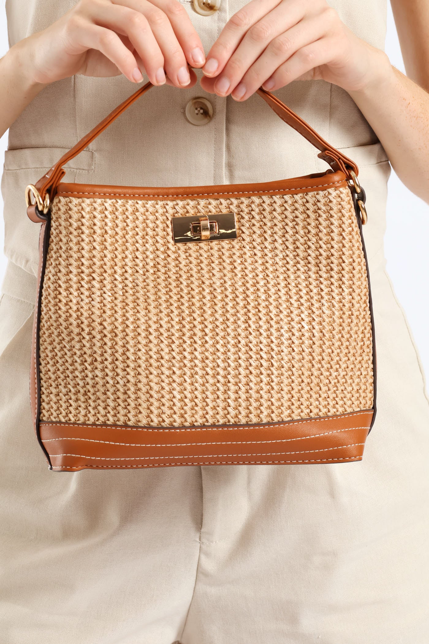 Panel Front Clasp Crossbody Bag - Tan - Image 2