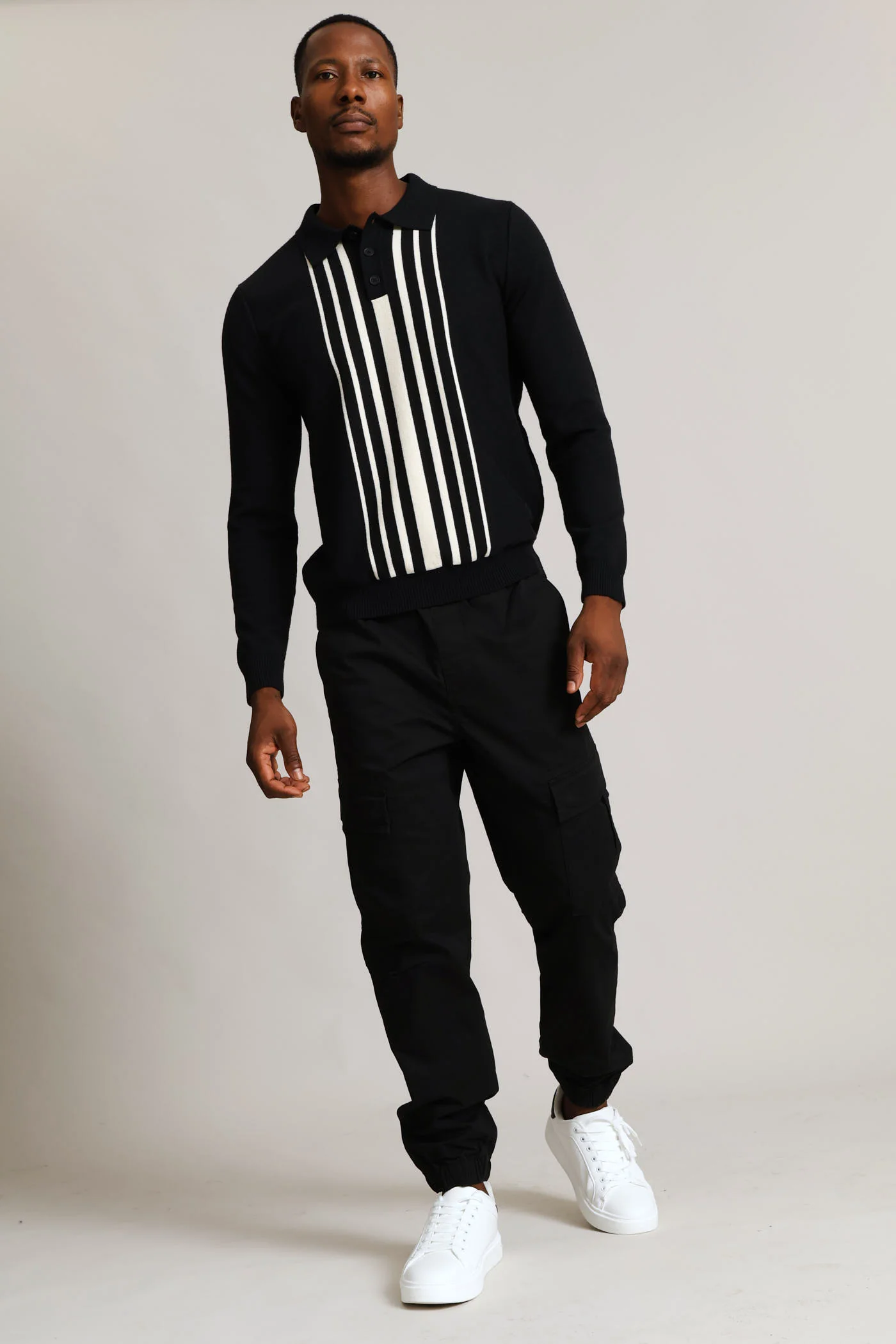 Panel Stripe Guage Polo Knitwear - Black - Image 10