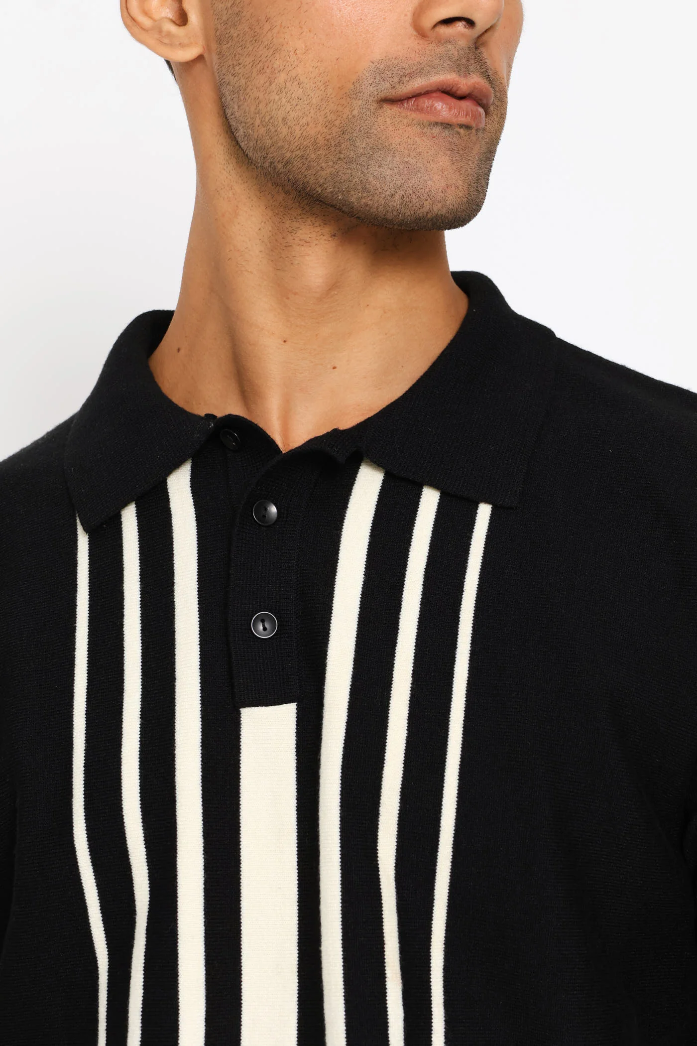 Panel Stripe Guage Polo Knitwear - Black - Image 2
