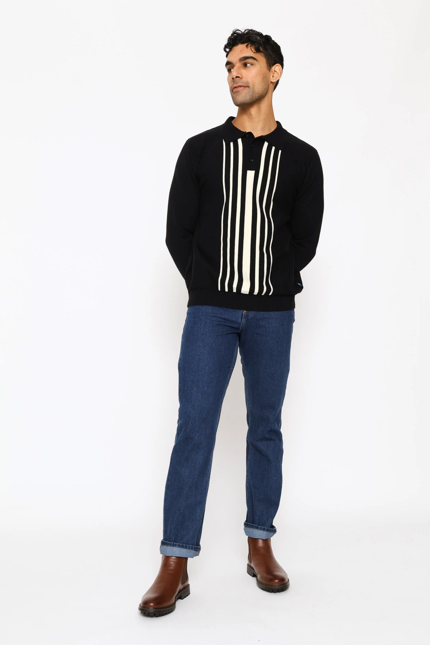 Panel Stripe Guage Polo Knitwear - Black - Image 5
