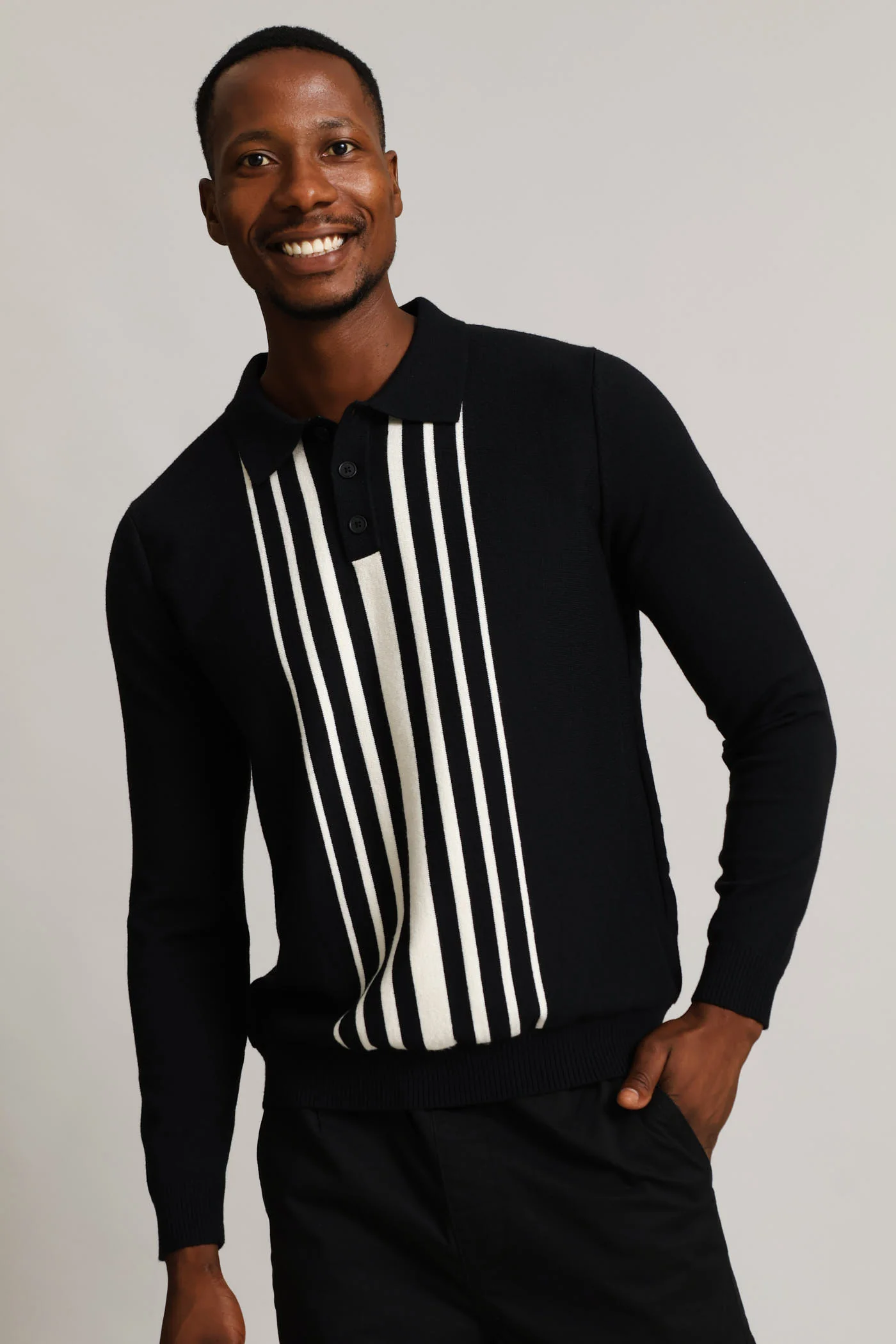 Panel Stripe Guage Polo Knitwear - Black - Image 6