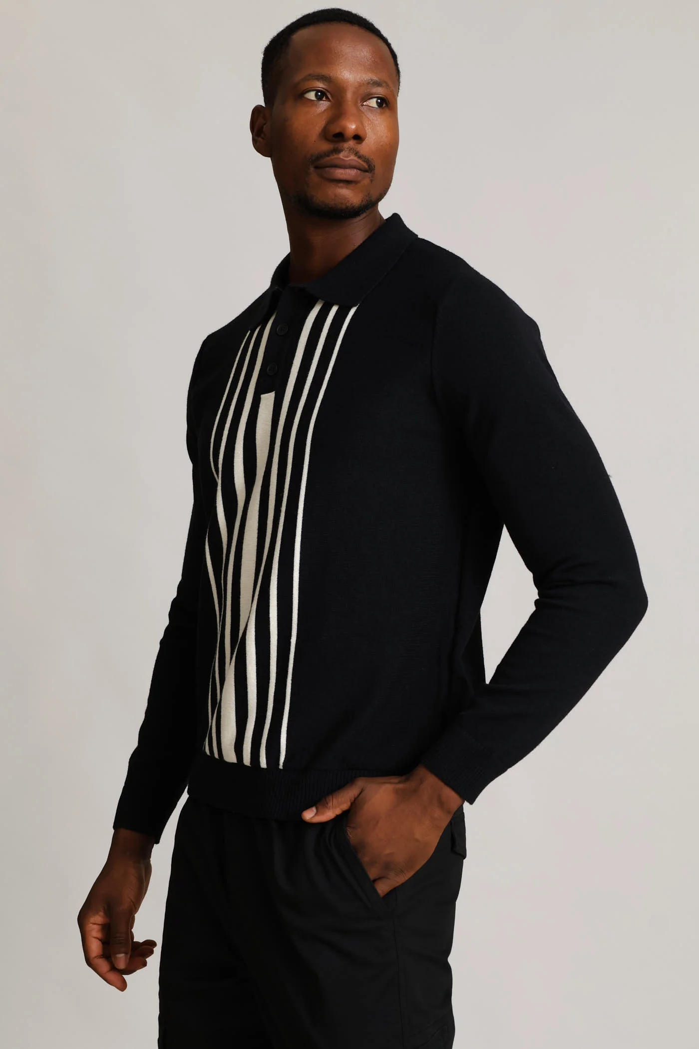 Panel Stripe Guage Polo Knitwear - Black - Image 8