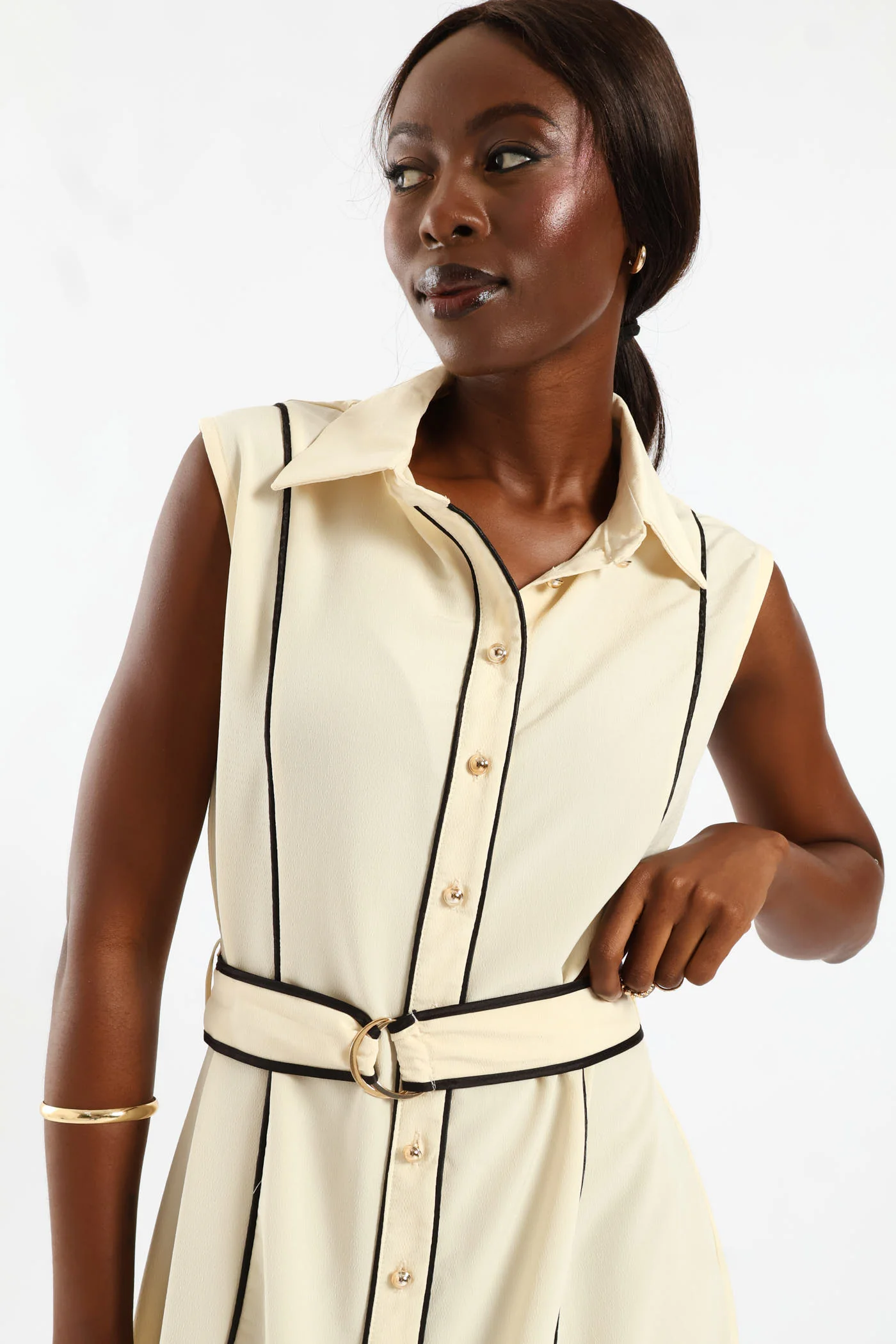 Panelled Contrast Shirt Maxi Dress - Cream/Black - Image 2