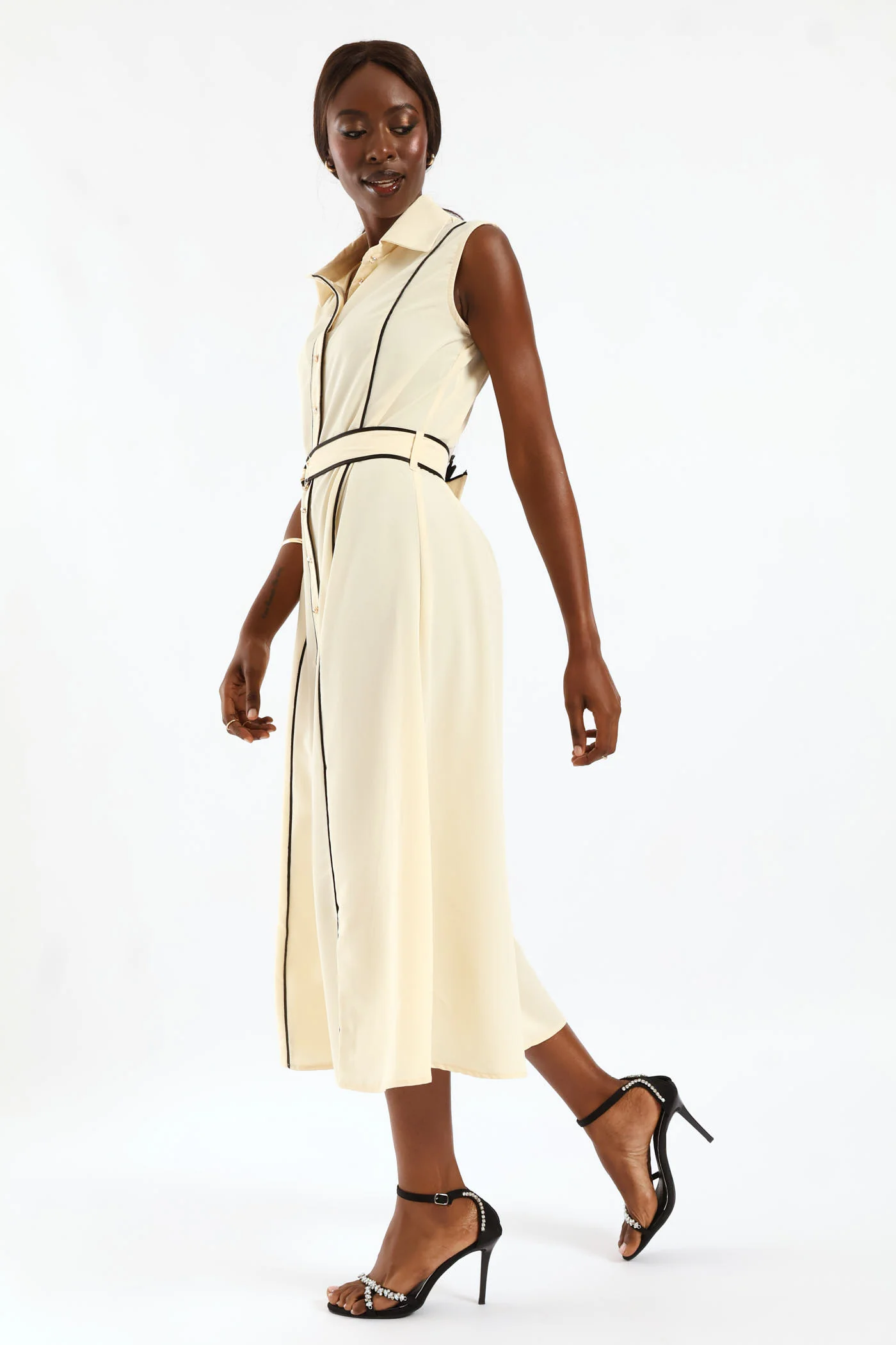 Panelled Contrast Shirt Maxi Dress - Cream/Black - Image 3
