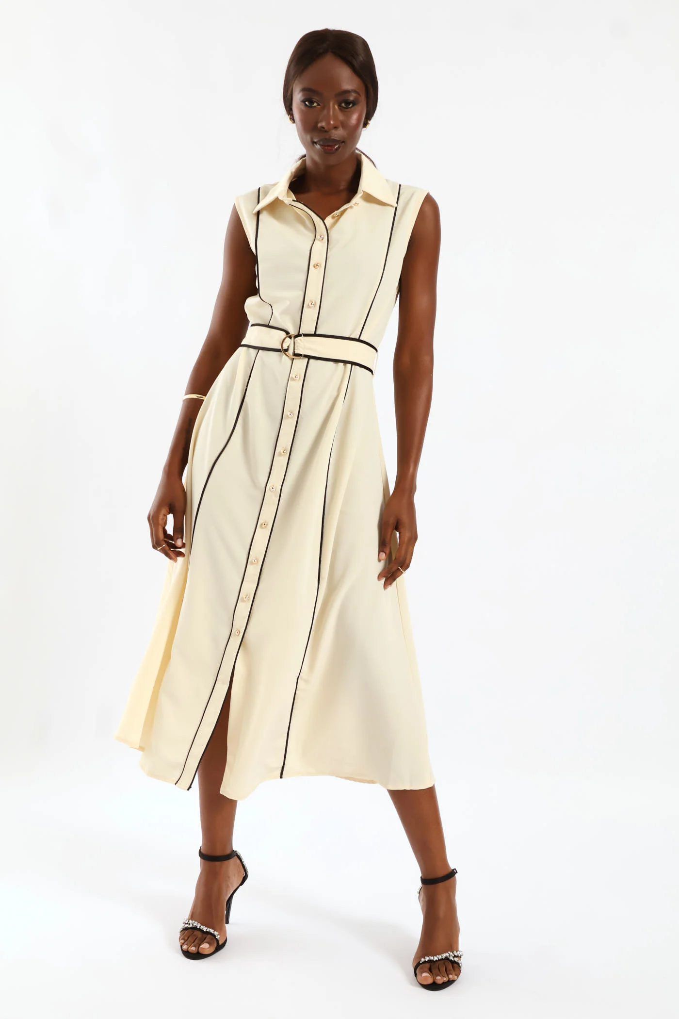 Panelled Contrast Shirt Maxi Dress - Cream/Black - Image 4