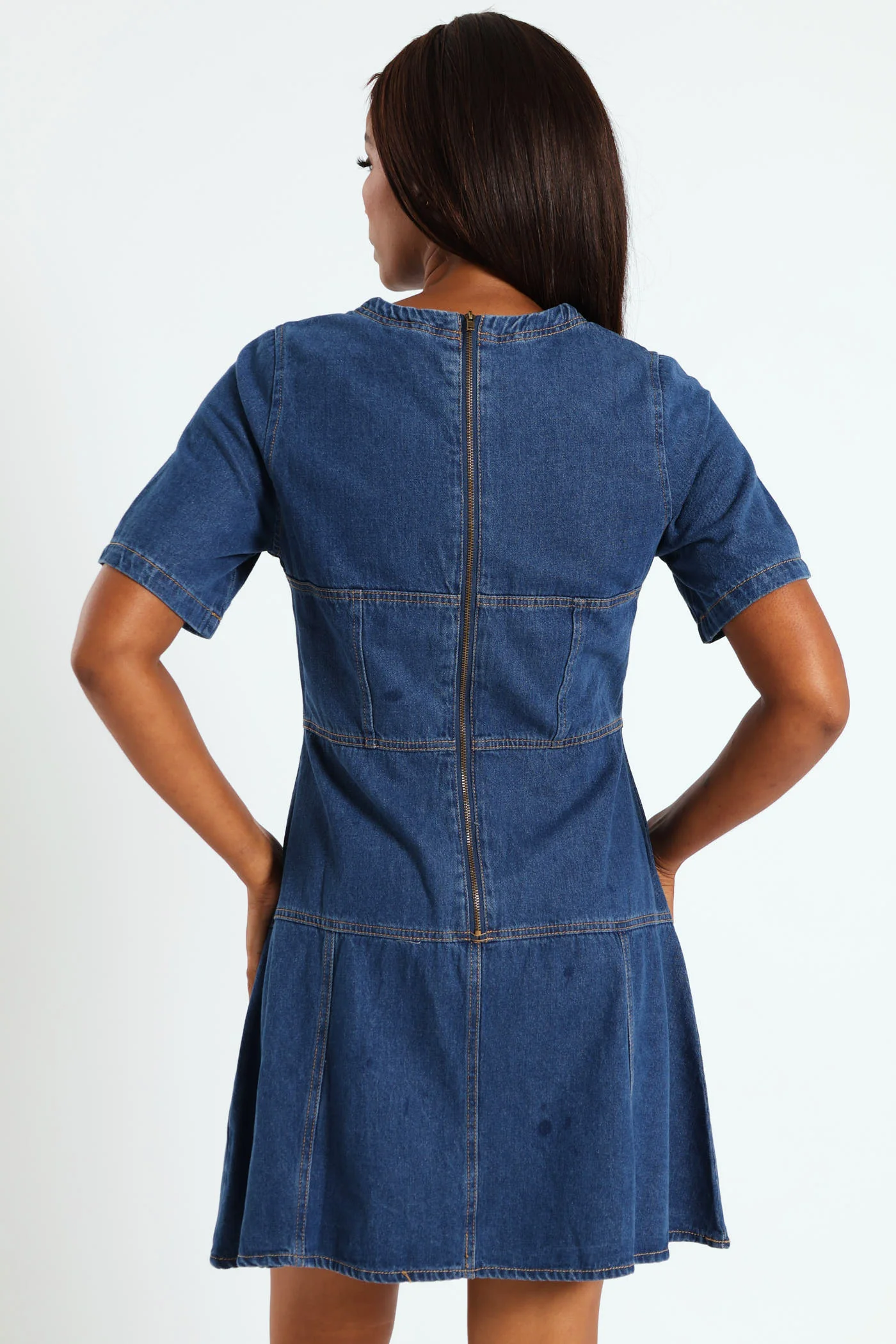 Panelled Fit & Flare Denim Dress - Med Wash - Image 2