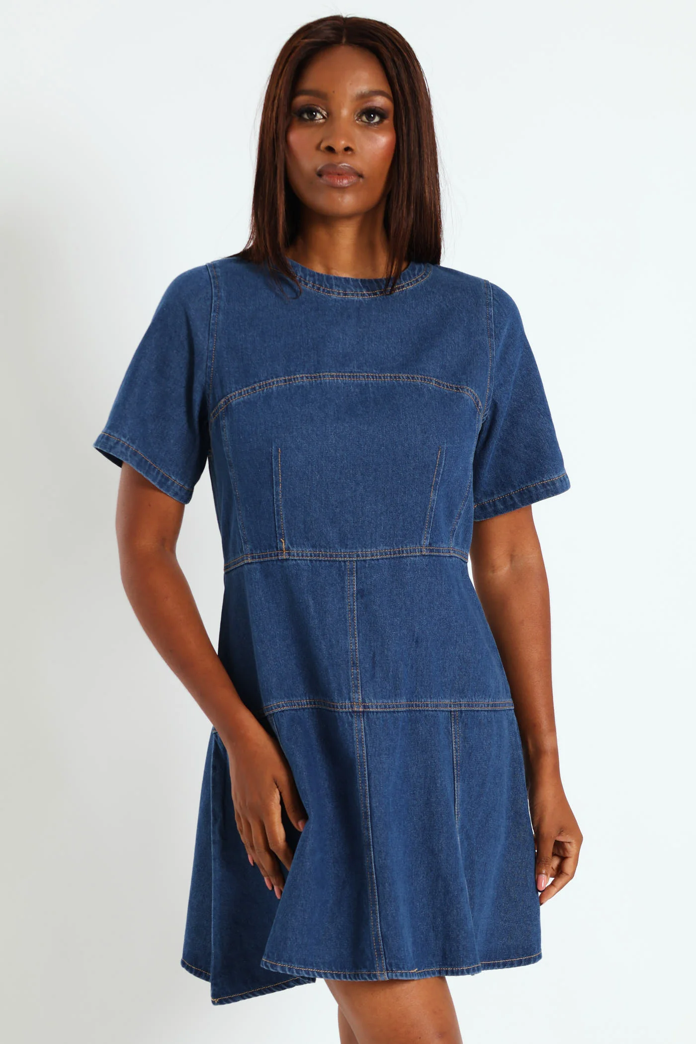 Panelled Fit & Flare Denim Dress - Med Wash - Image 3