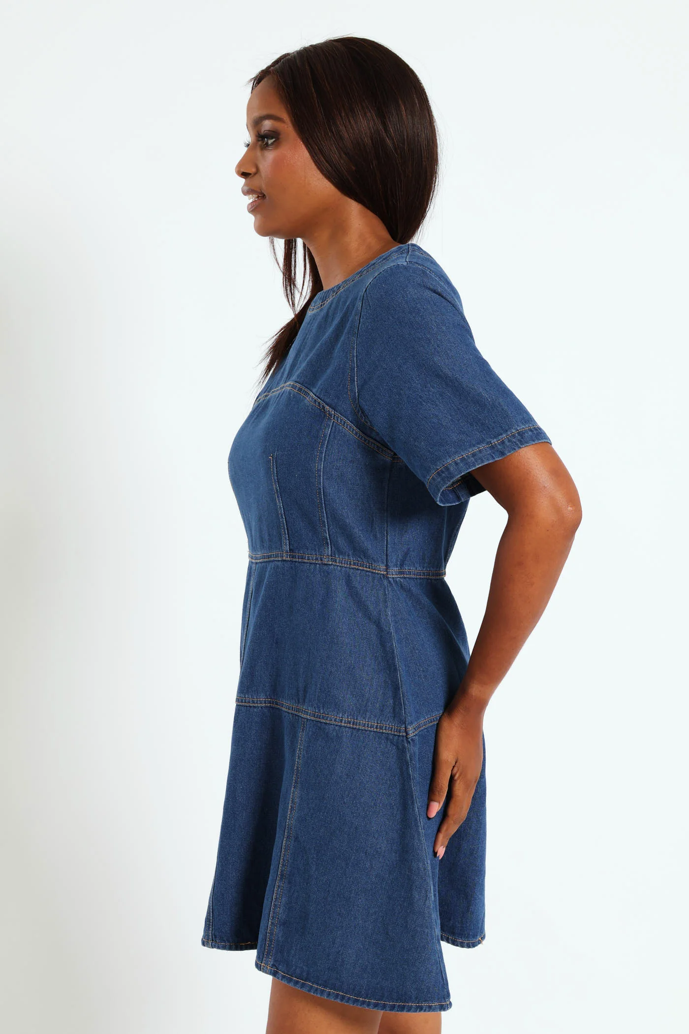 Panelled Fit & Flare Denim Dress - Med Wash - Image 4