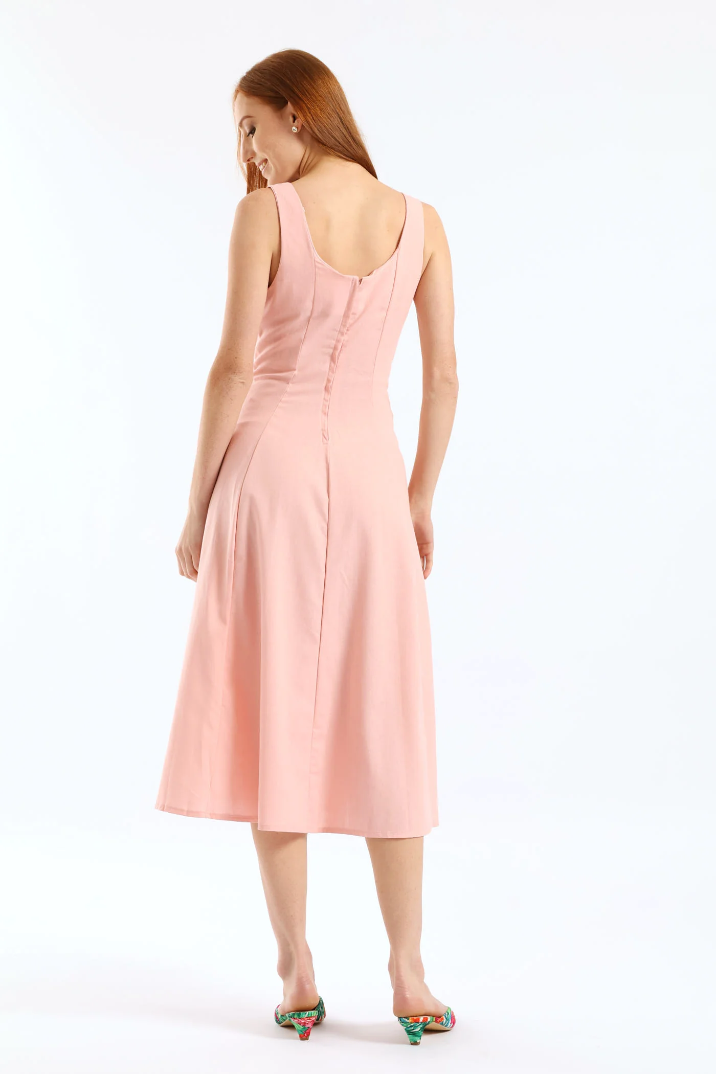 Panelled Fit & Flare Linen Midi Dress - Light Blush - Image 2