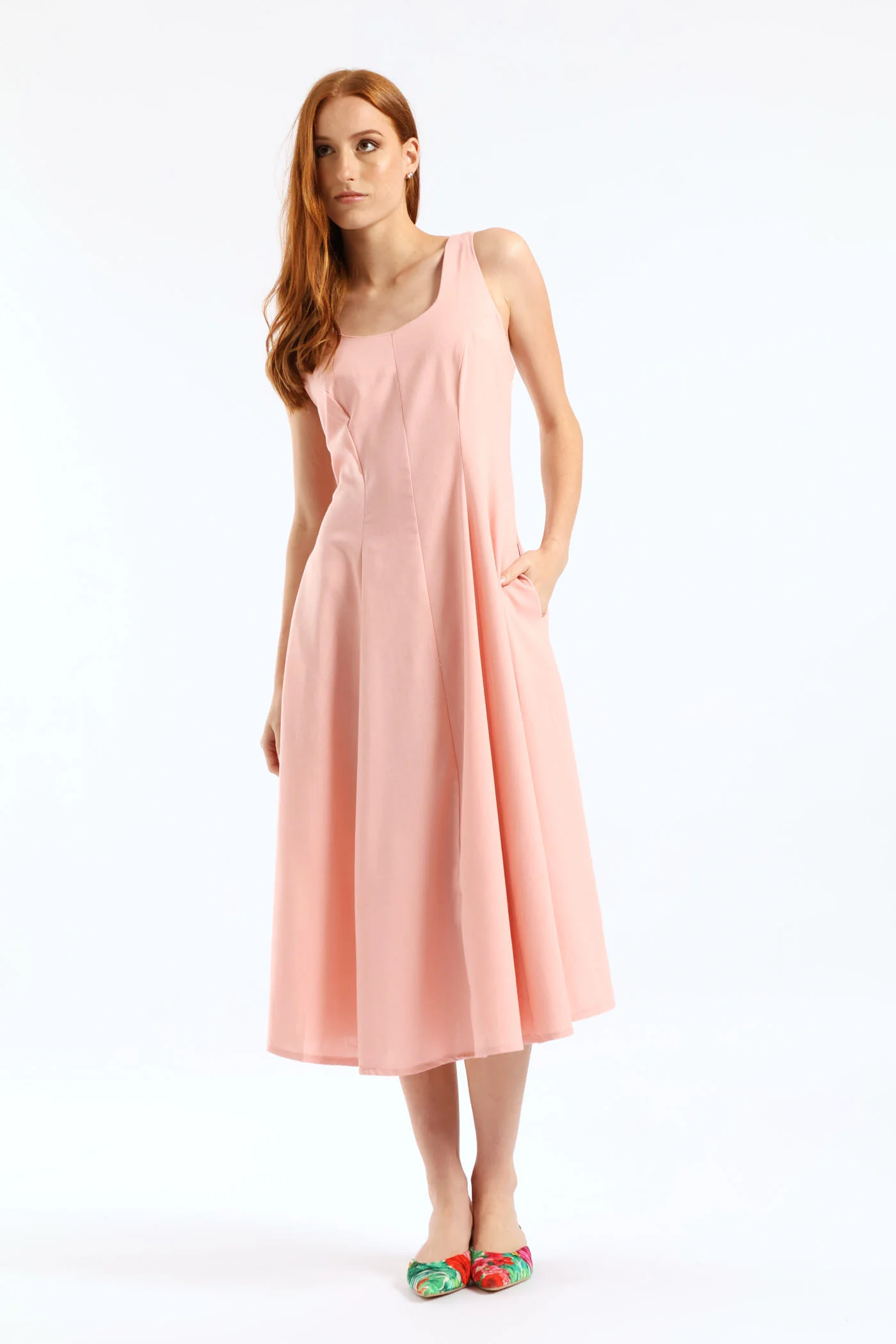 Panelled Fit & Flare Linen Midi Dress - Light Blush - Image 3