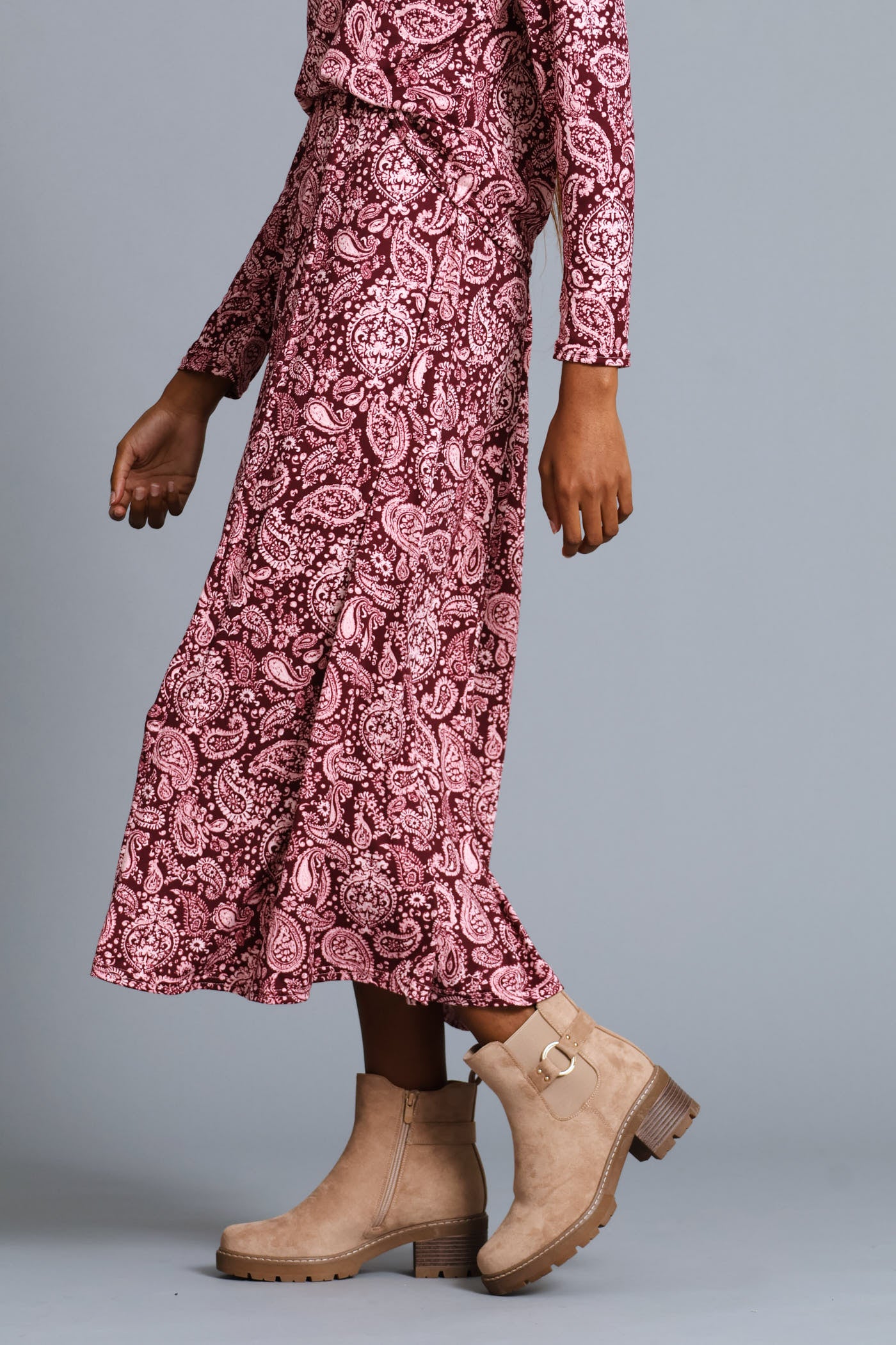 Panelled Fit & Flare Print Maxi Skirt - Plum - Image 3