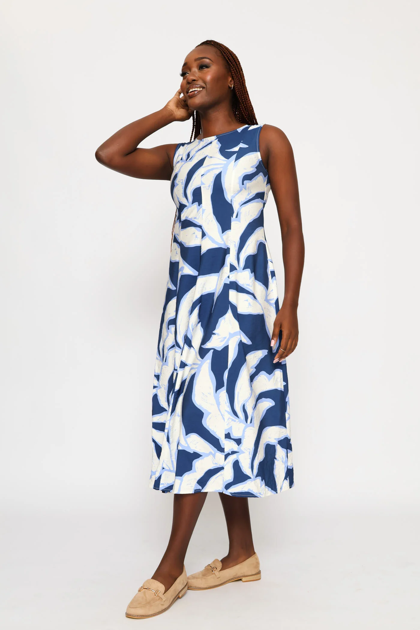Panelled Fit & Flare Volume Print Midi Dress - Navy/Blue - Image 2
