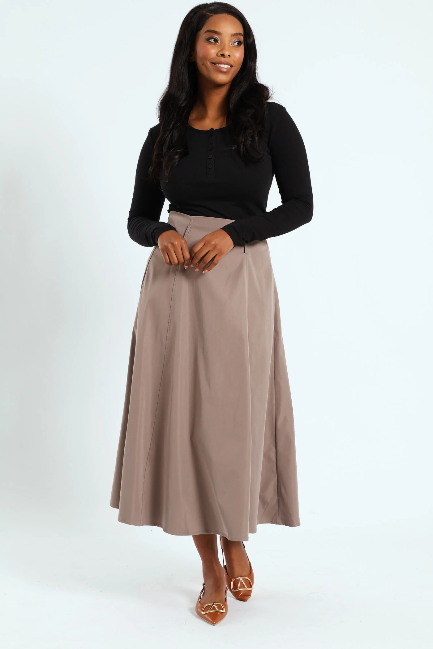 Panelled Flared Twill Midaxi Skirt - Taupe - Image 2