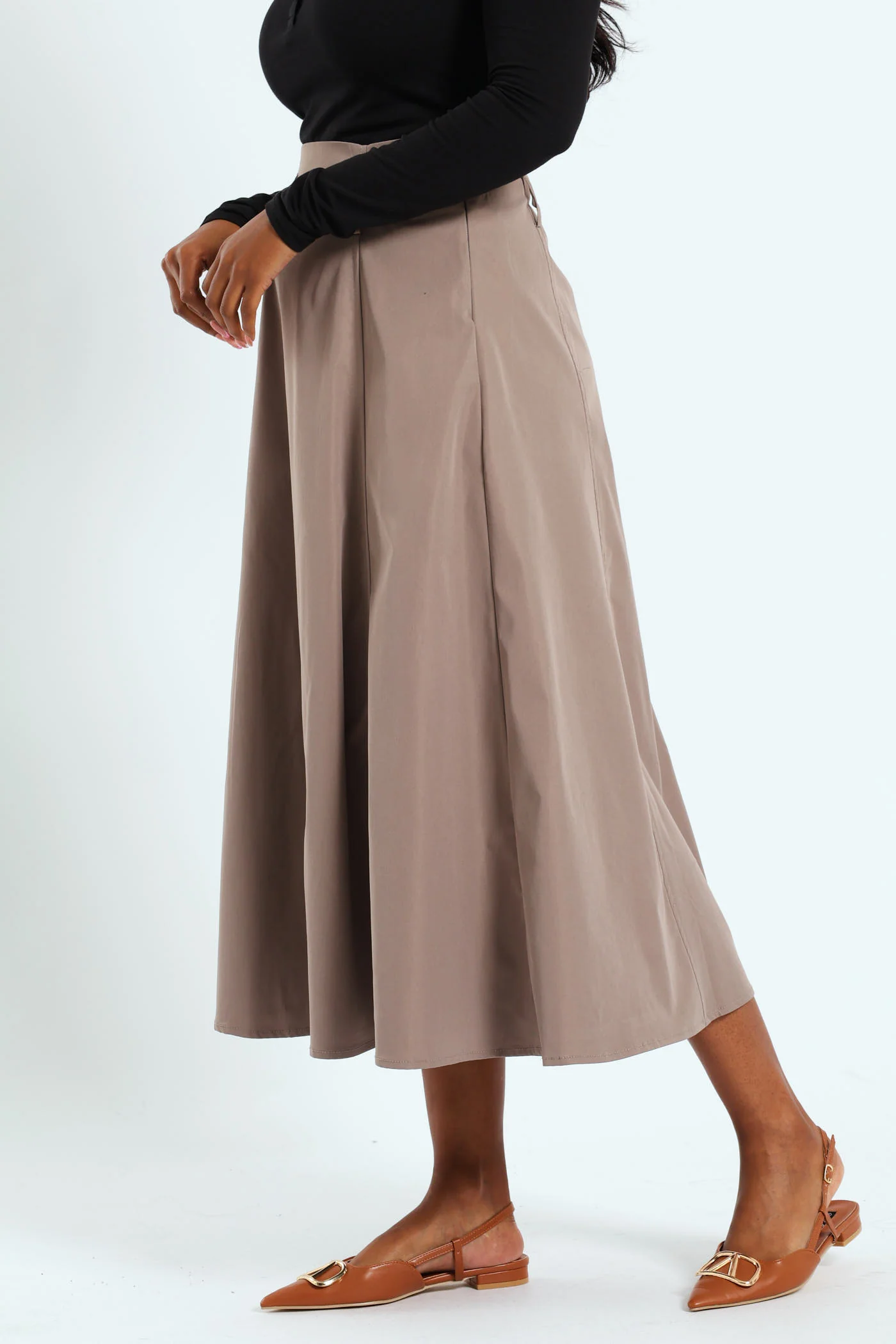 Panelled Flared Twill Midaxi Skirt - Taupe - Image 4