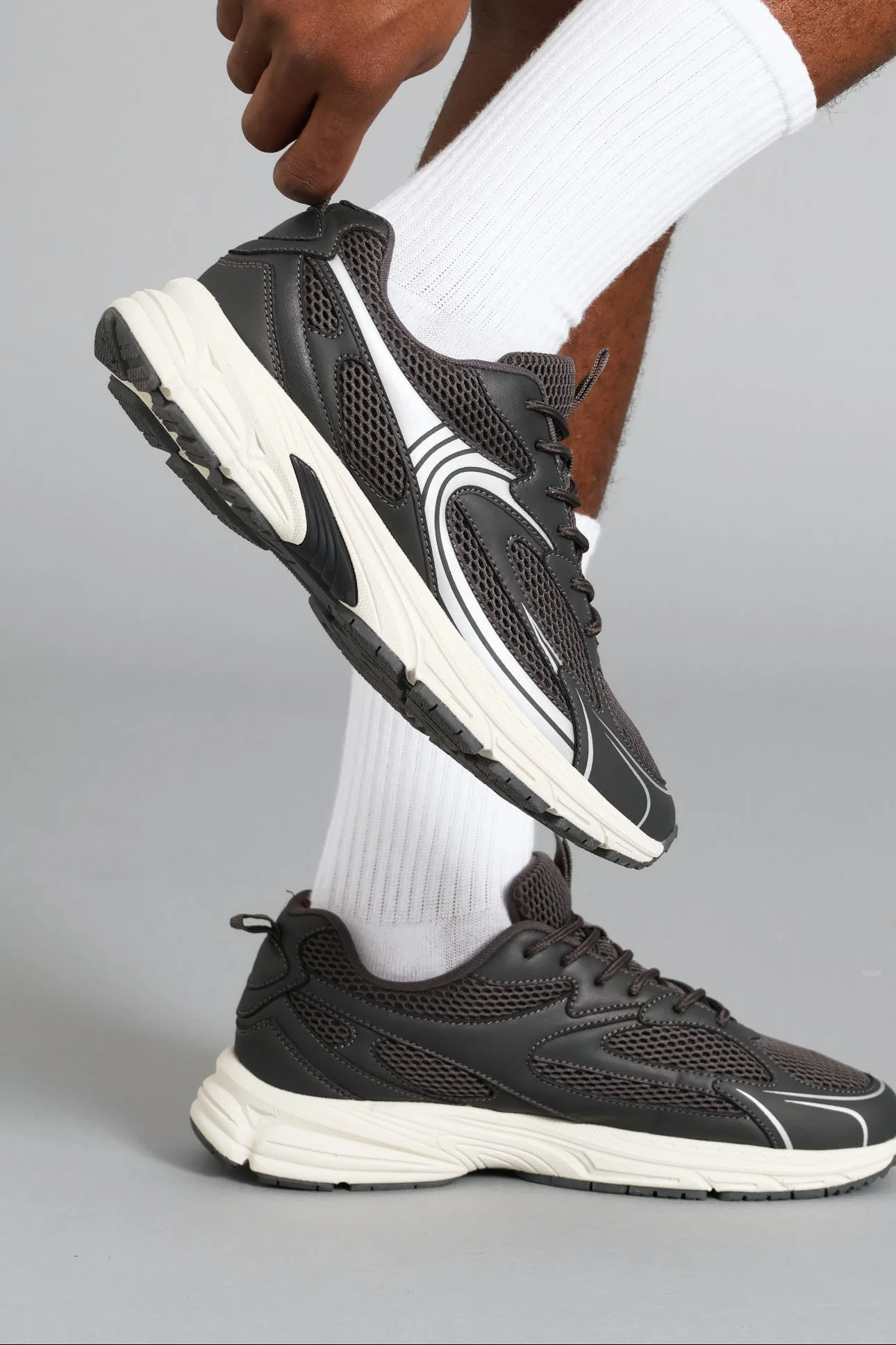 S ACTIVE Panelled Mesh PU Combo Trainer - Grey - Image 2