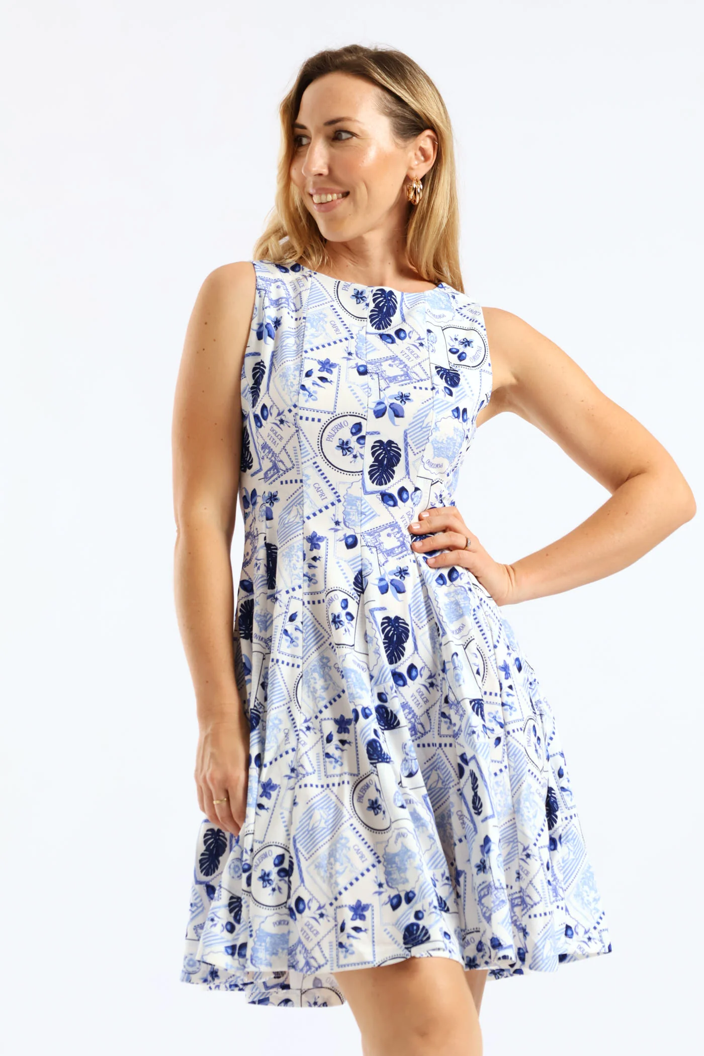Panelled Skater Mini Dress - White/Blue - Image 2