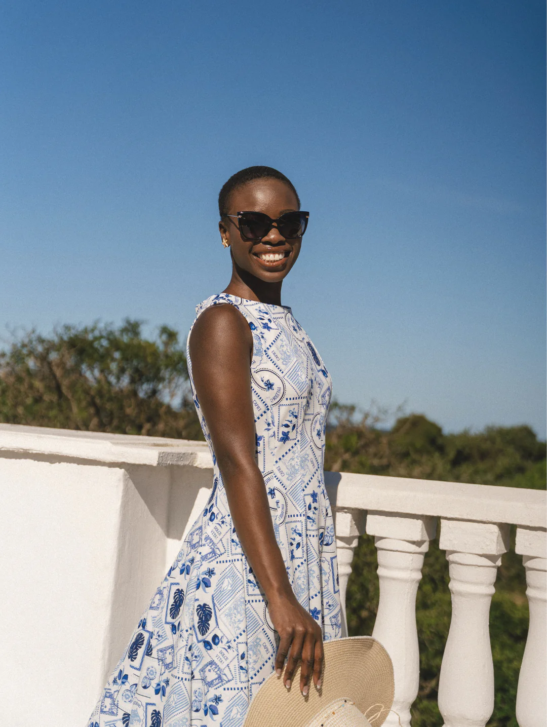 Panelled Skater Mini Dress - White/Blue - Image 3