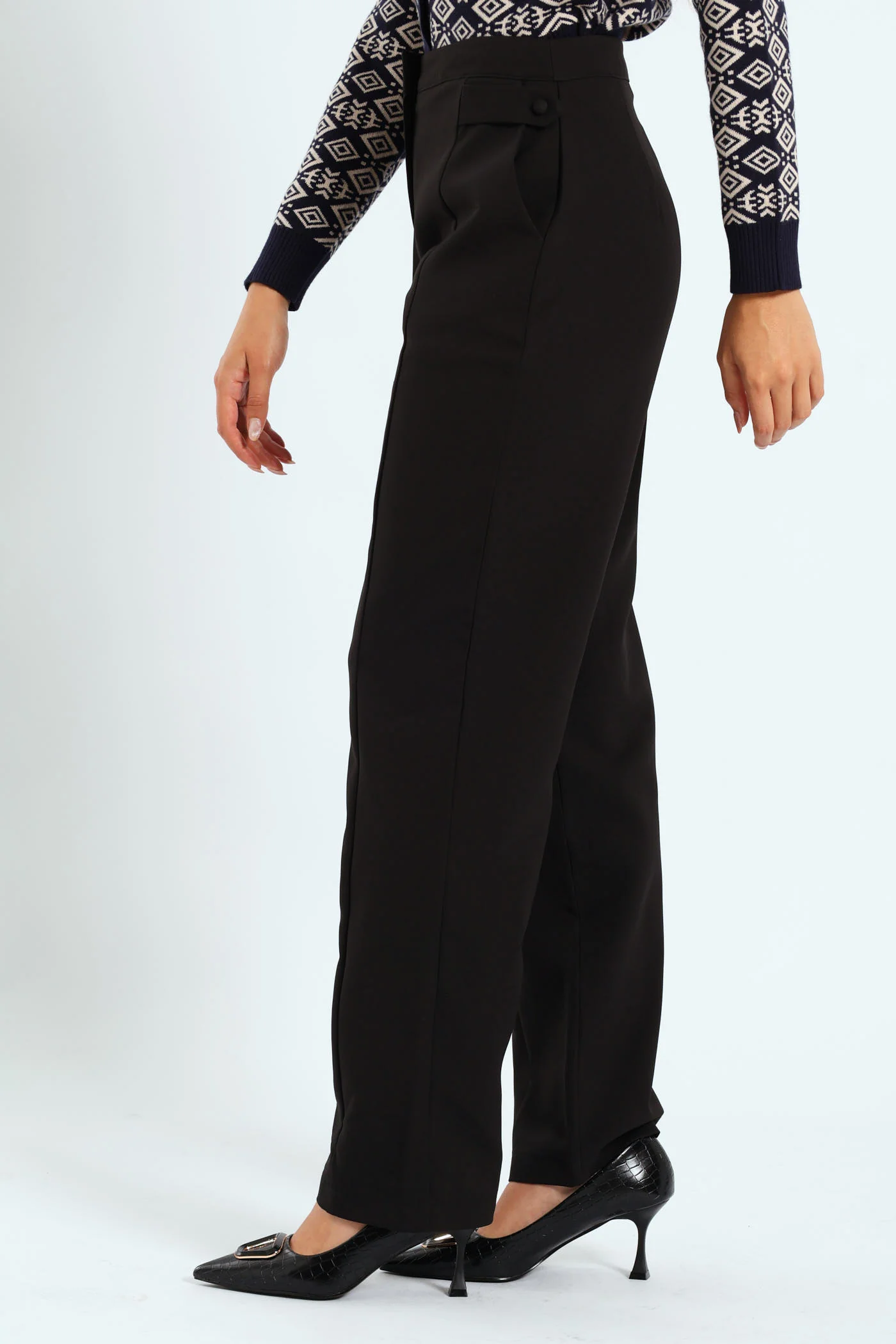 Panelled Tab Detail Straight Leg Pant - Black - Image 3