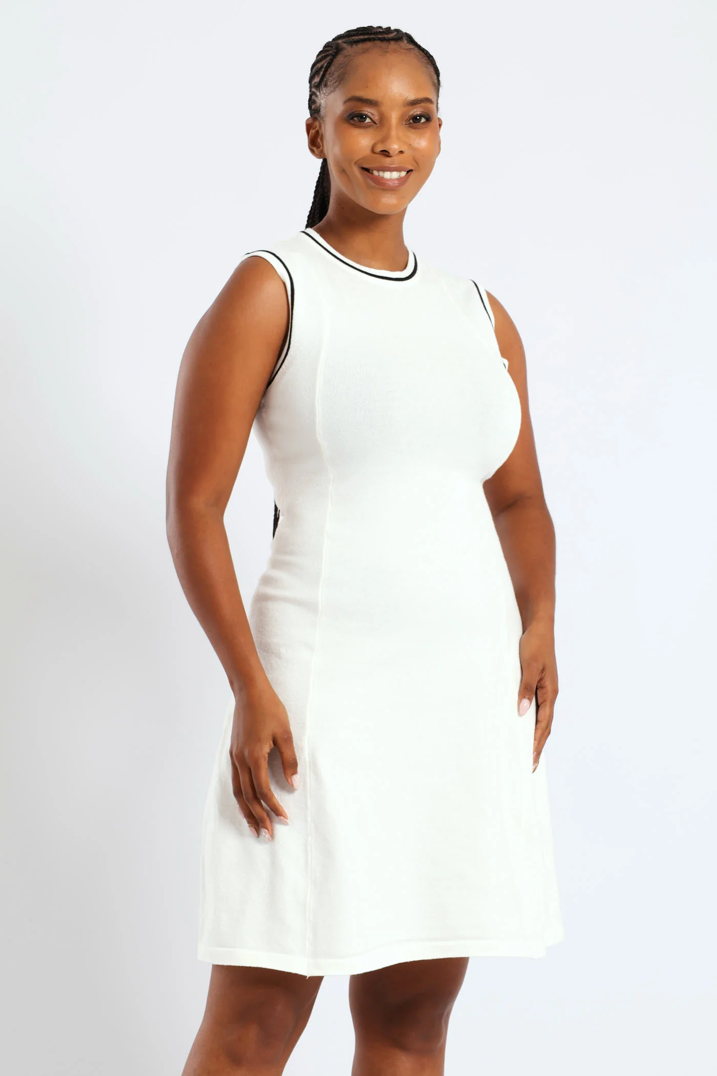 Panelled Tipped Skater Knitwear Dress - Cream - Image 2