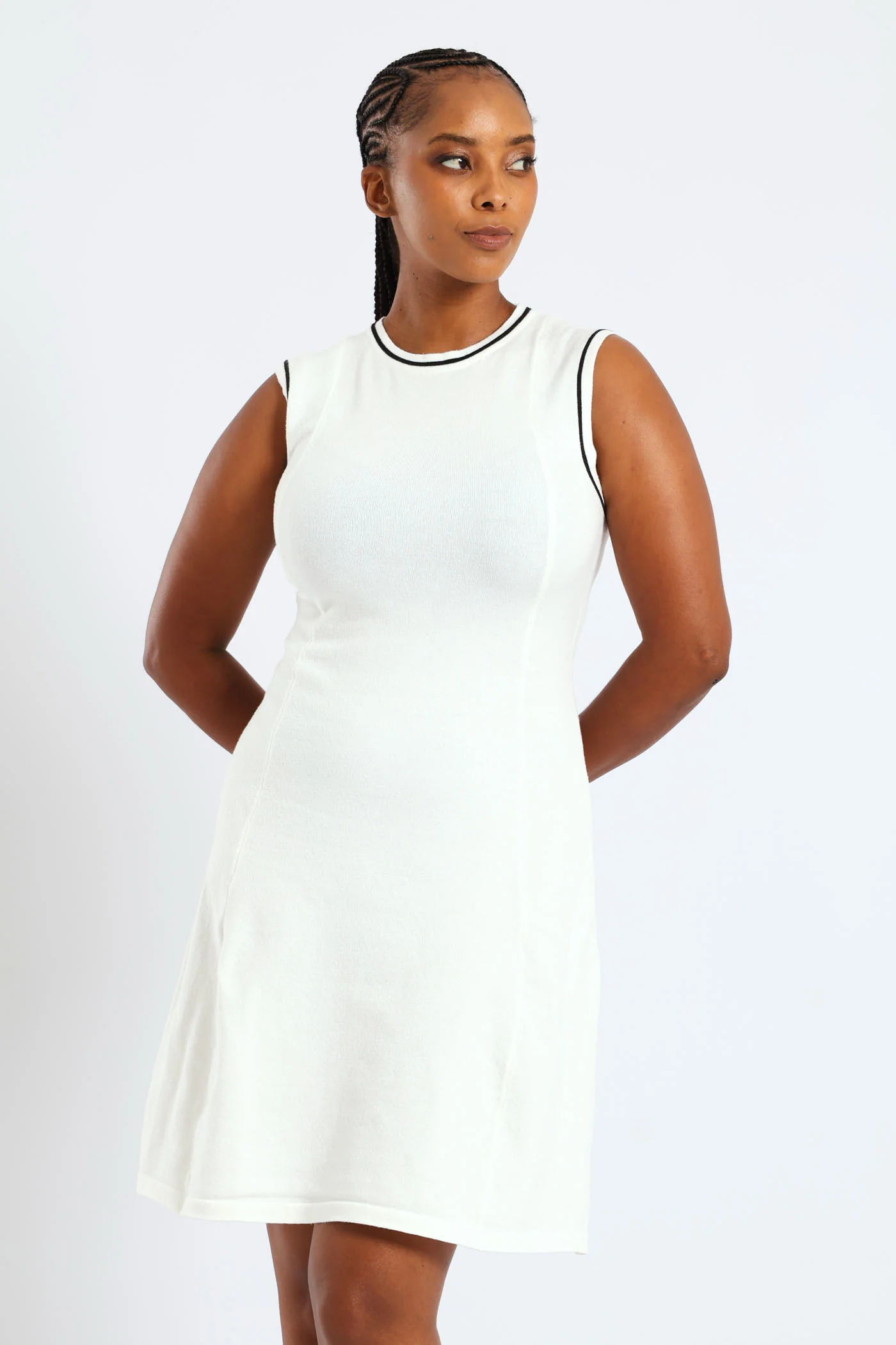 Panelled Tipped Skater Knitwear Dress - Cream - Image 3